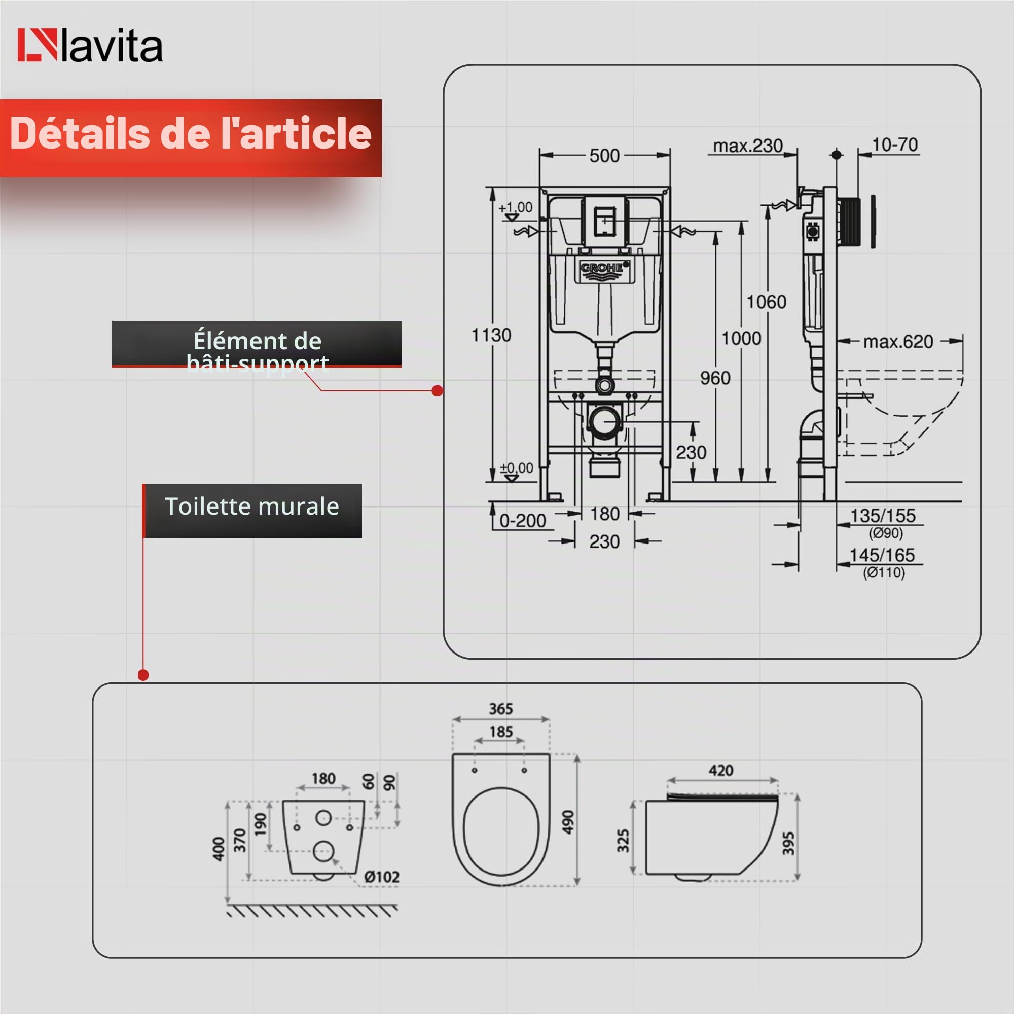 GROHE Solido + WC suspendu mural Sinto noir sans bord + abattant de WC avec système d'abaissement automatique - Bouton noir - Kit complet encastré - WC complet