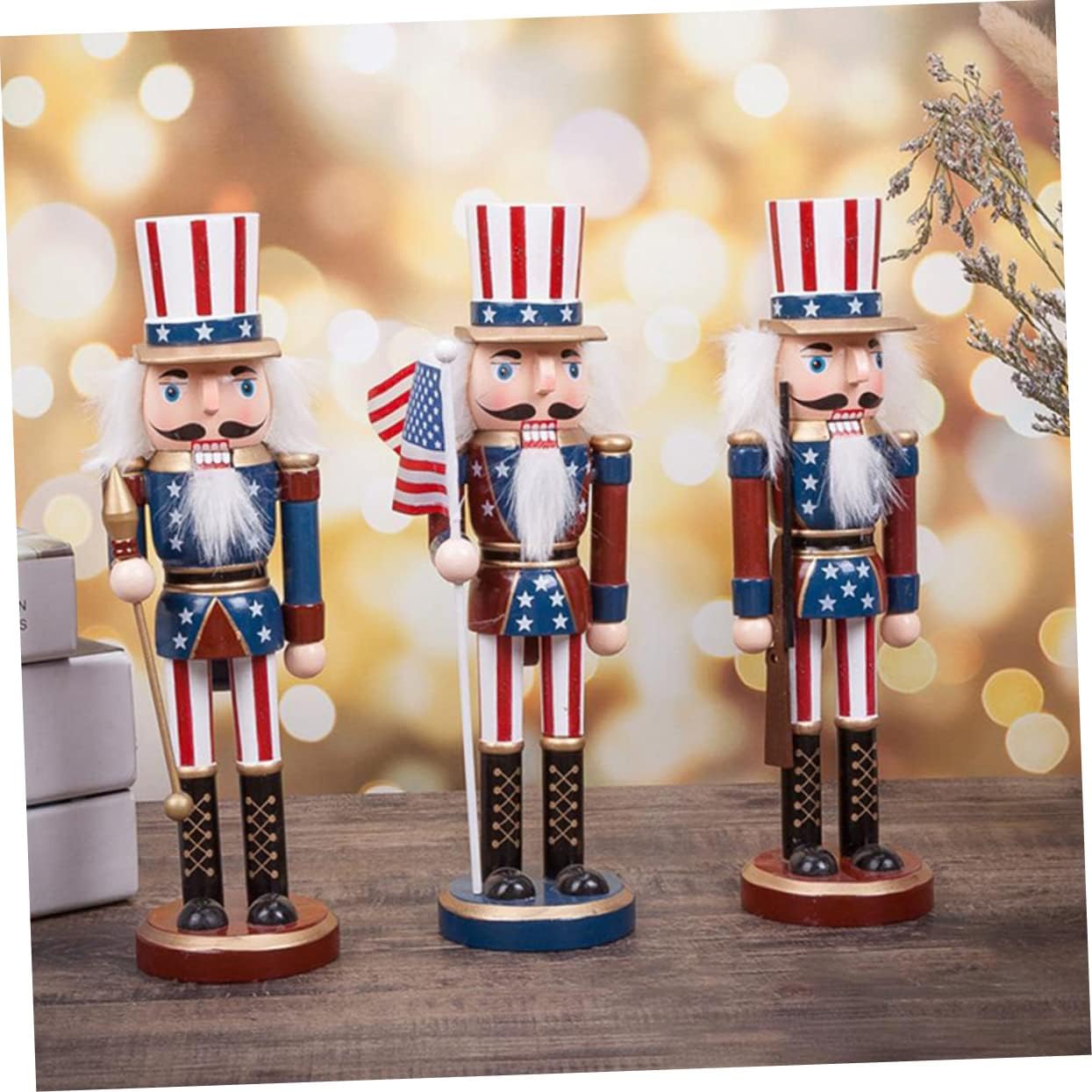 Ciieeo 3Pcs Wooden Nutcracker Soldier Figurines with USA Flag, Cane - 9.84 Inch Patriotic Tabletop Decor for Independence Day, Memorial Day, and Christmas Decorations