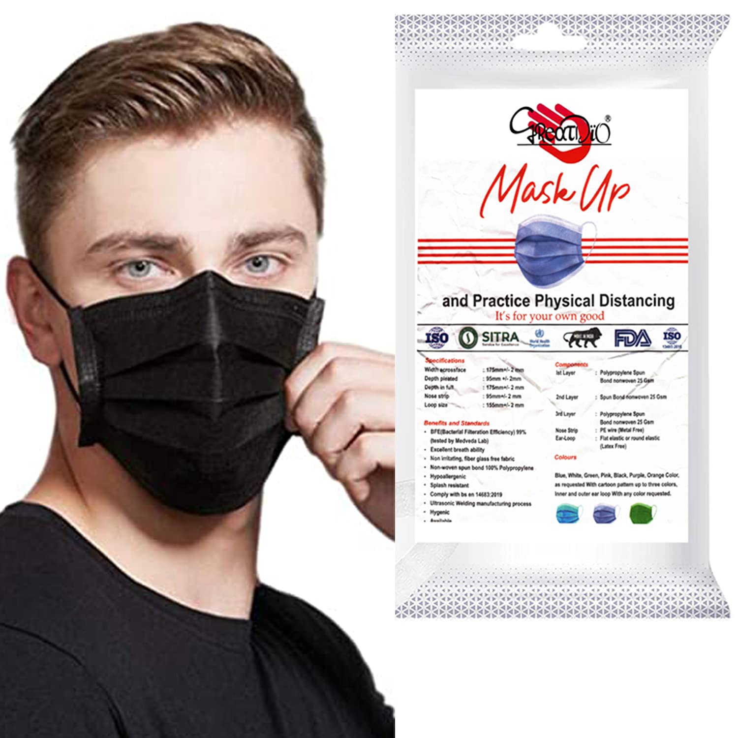 GreatDio® 3 Layer (1400 Pcs Packed) Disposable Protective Face Masks, Bacterial Filtration Efficiency (BFE) ?98.5%,Particle Filtration Efficiency (PEE)?94.6%|Inbuilt Adjustable Nose Pin (Black)