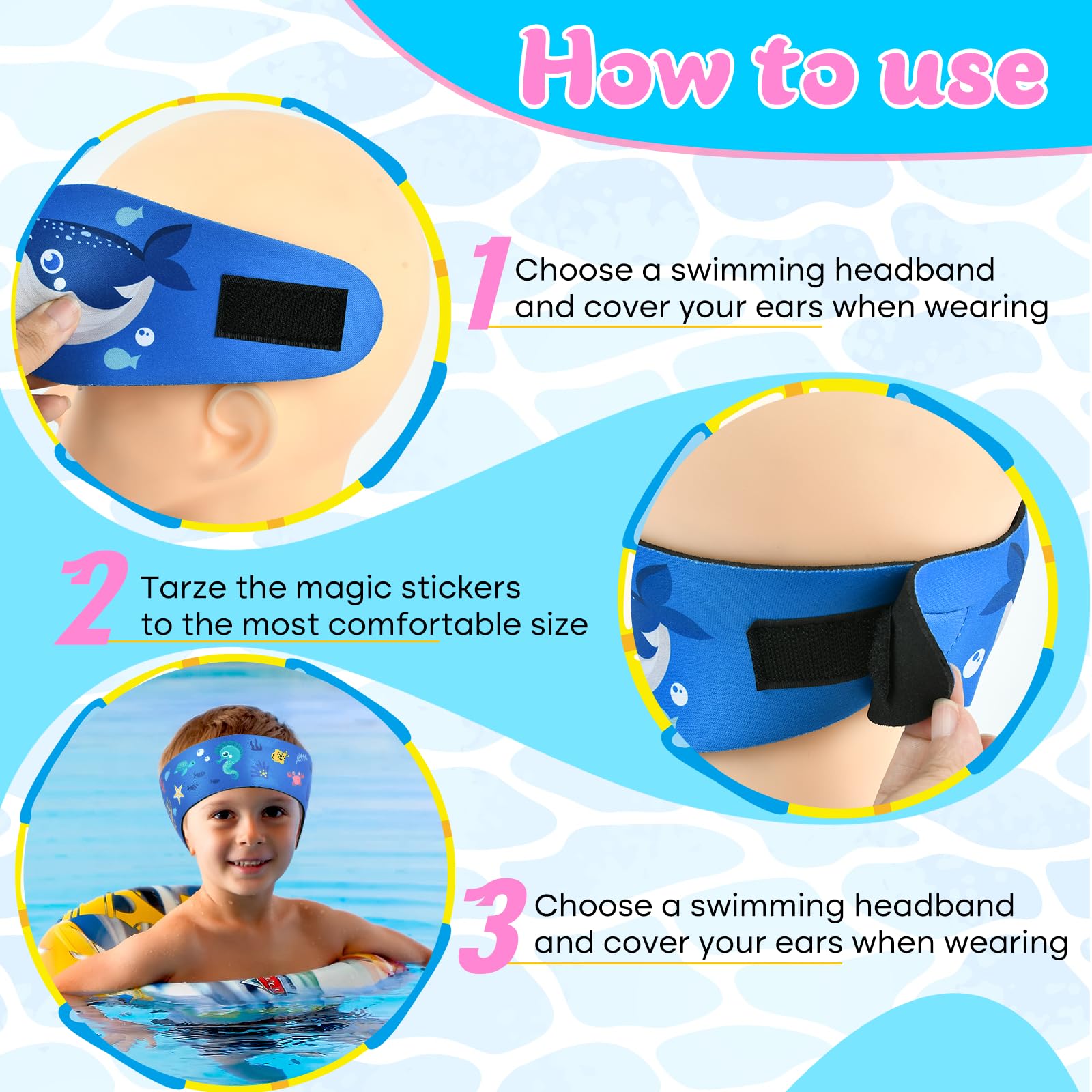 Bandeau De Natation Enfant Et Adulte – Néoprène, 2 Pièces, Avec Pinces Nez, Imperméable, Motifs Fun