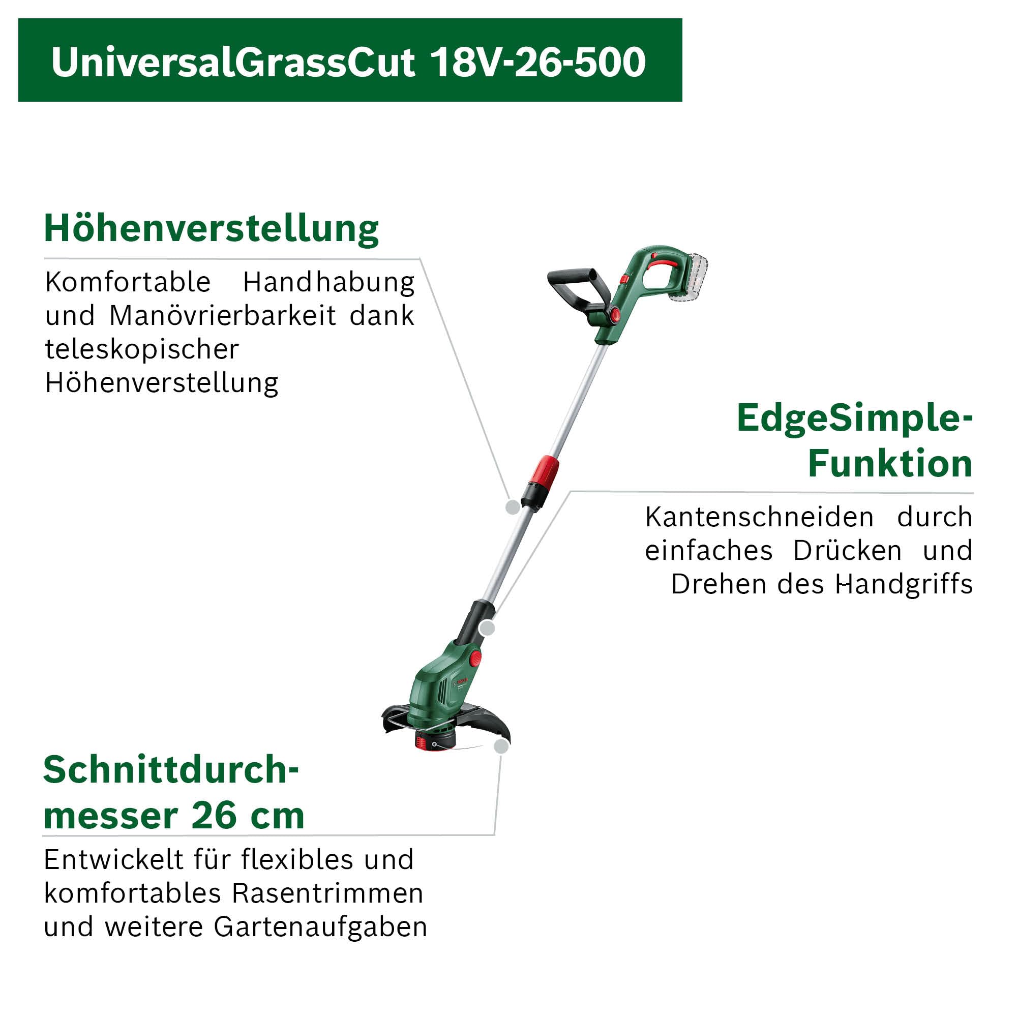 Bosch Akku-Rasentrimmer UniversalGrassCut 18V-26-500 (zum Rasentrimmen und Kantenschneiden; Ladezeit: 65 min; Schnittkreisdurchmesser: 26 cm; 18-Volt-System; ohne Akku oder Ladegerät)