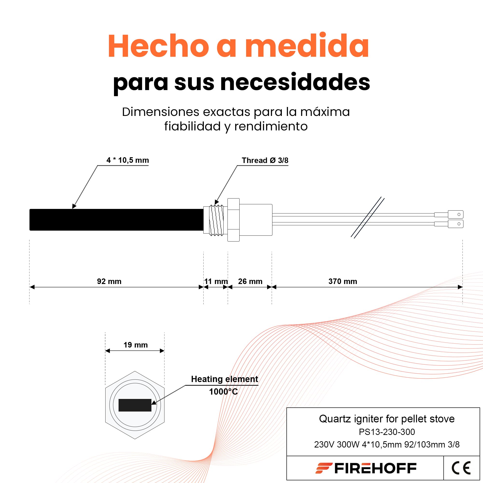 PS13-230-300 - Vela de cuarzo para estufa de pellets (300 W, 90/126 mm, diámetro 11,5 x 4 mm, rosca 3/8)