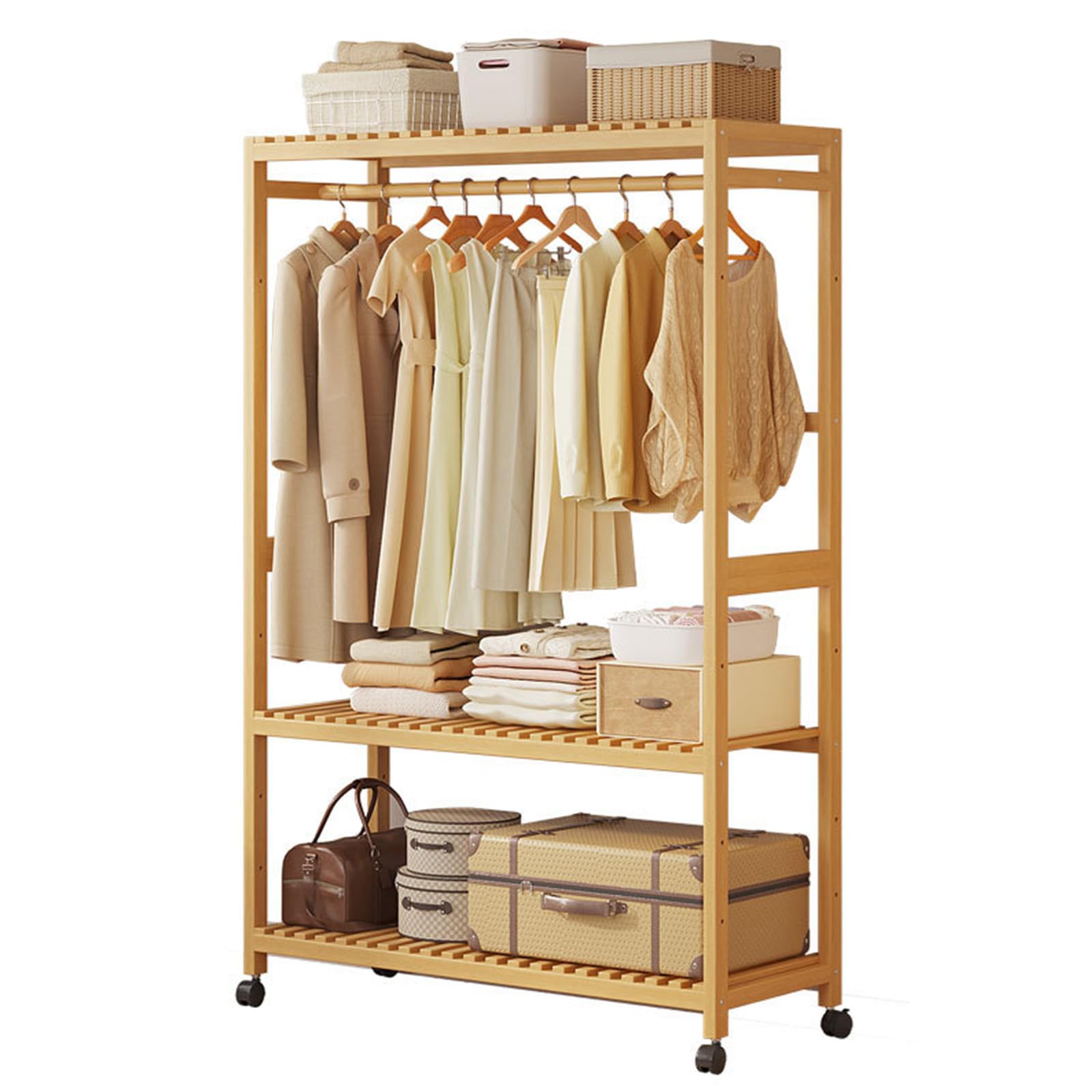 FGXHHS Bamboo Coat Rack with Wheels - 3-Tier Garment Stand & Sto Shelves, Free-Standing Clothes nizer Top Rod for Bedroom, Entryway, and Hallway Use