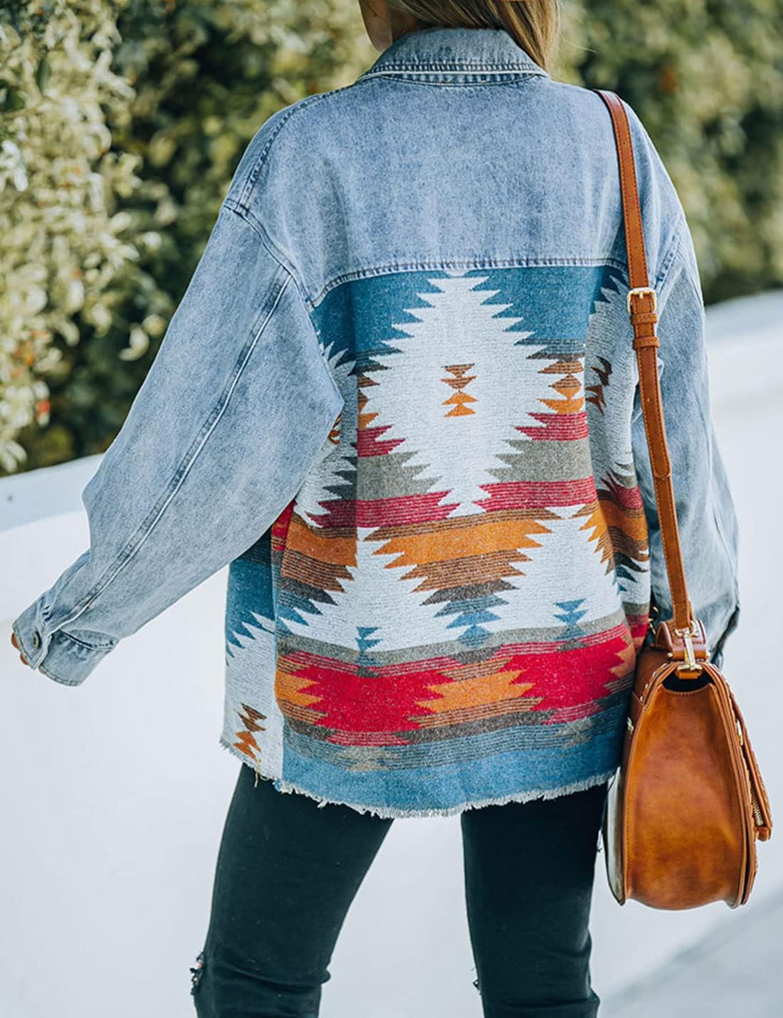 happlan Aztec Denim Jacket For Women Lapel Button Down Print Shirt Coat Shacket - Image 3