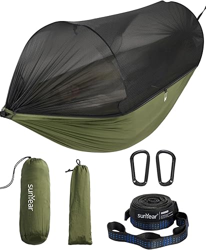 Miniatura 1 de Sunyear Hamaca de camping con red, hamaca doble y individual con red similar a la casa, fácil de instalar y empacar, ligera y portátil, perfecta