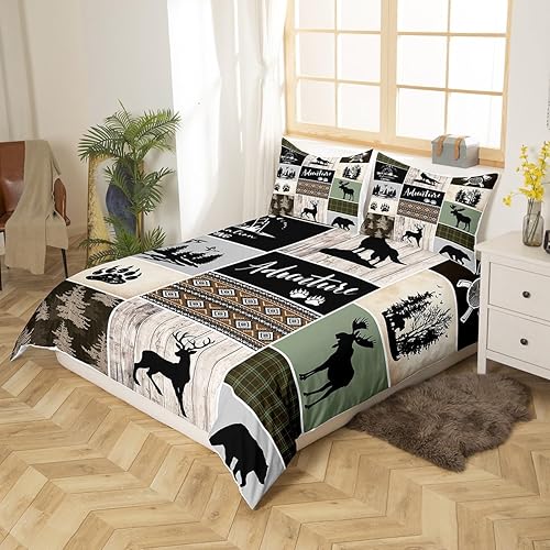 Miniatura 3 de Juego de funda de edredón para niños de aventura de camping, tamaño matrimonial, juego de ropa de cama de caza de ciervos, osos, lobo, animales y