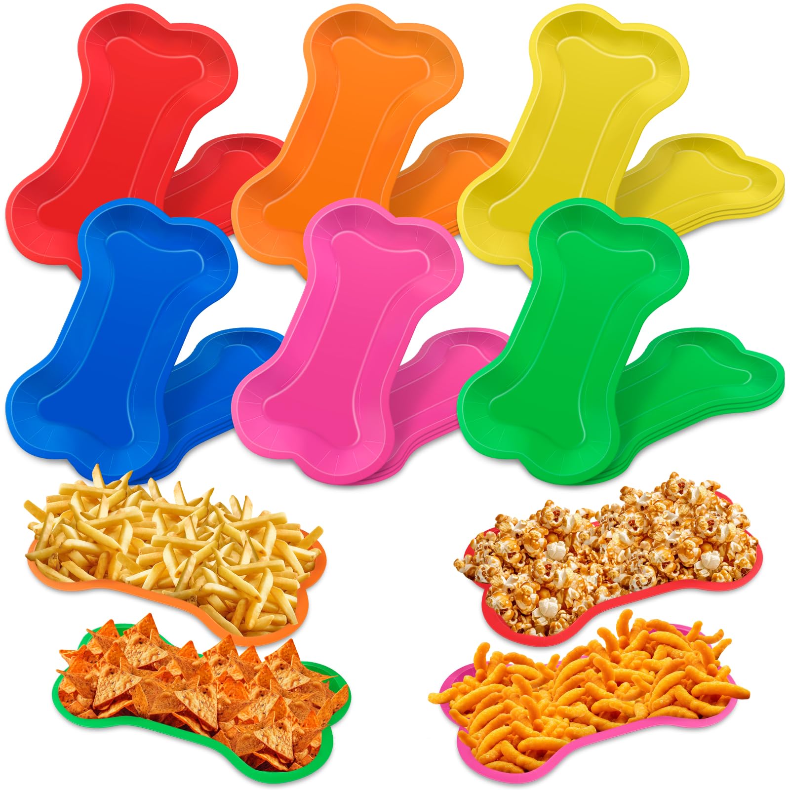 Dog Bone Party Serving Trays 11x6.7x1.2 Inch Colorful Bone Shape Paper Plates Funny Disposable Snack Trays for Burger Fries Birthday Holiday Puppy Theme Party Decoration Supplies (24)
