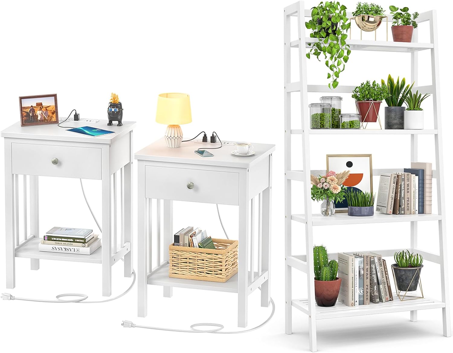 Bamboo Rotating Bookshelf - 5-Tier Spinning Bookcase, White Finish, 60" Height