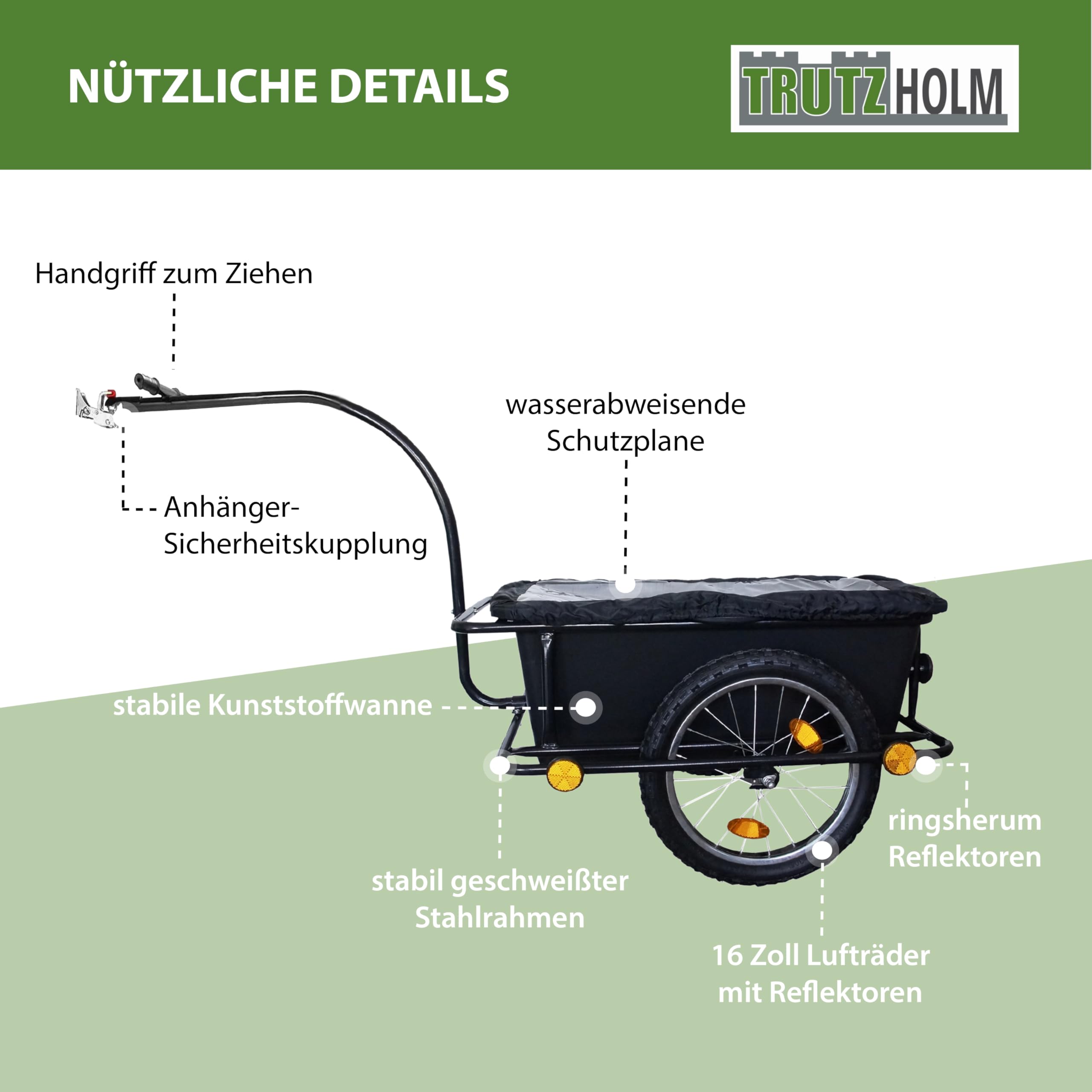 TRUTZHOLM Fahrradanhänger Lastenanhänger & Handwagen 90 Liter Transportanhänger mit Anhängerkupplung und Abdeckplane Kunststoffwanne herausnehmbar Fahrradwagen Trailer, Schwarz