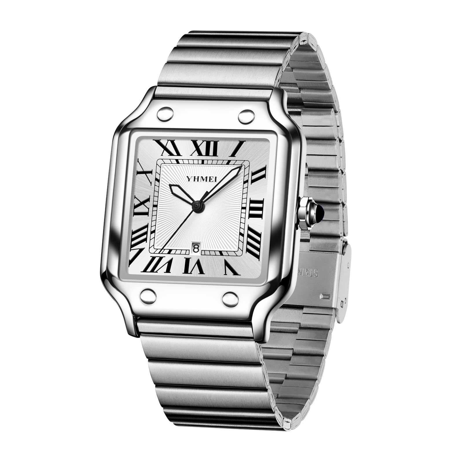CARLIEN Orologio da polso unisex, classico, quadrato, numeri romani, argento, analogico, impermeabile, cinturino in acciaio inox, visualizzazione della data, orologio da polso casual