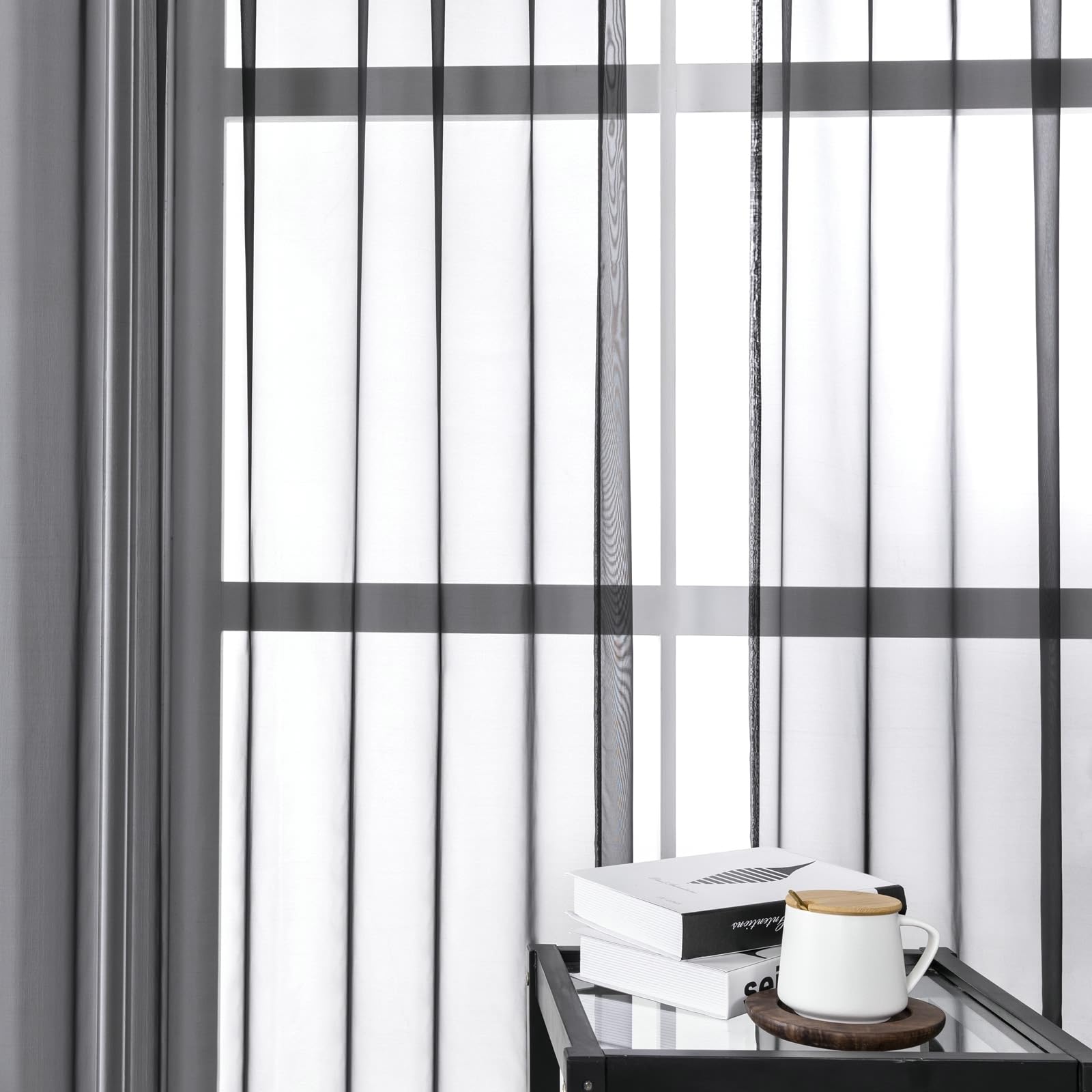 Schwarz Voile Vorhänge Transparent 2 Stück, Polyester Vorhänge 137 Breit Rod Tasche Einfarbig für Schlafzimmer, H160 x B137 cm