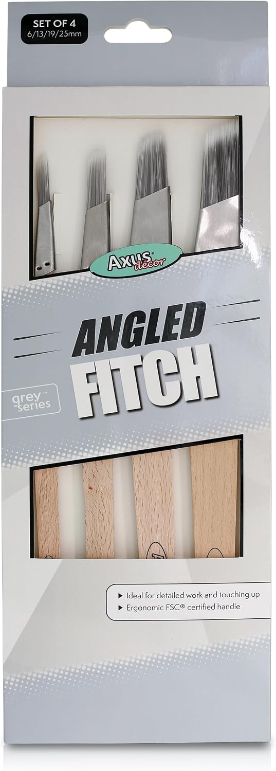 Axus Decor Angled Fitch Paint Brush (Grey Color), Set of 4 sizes – 19mm, 6mm, 13mm, 25mm Filaments, For Detailed Work & Touching Up, Beechwood Handles, Rust-Resistant Stainless Steel