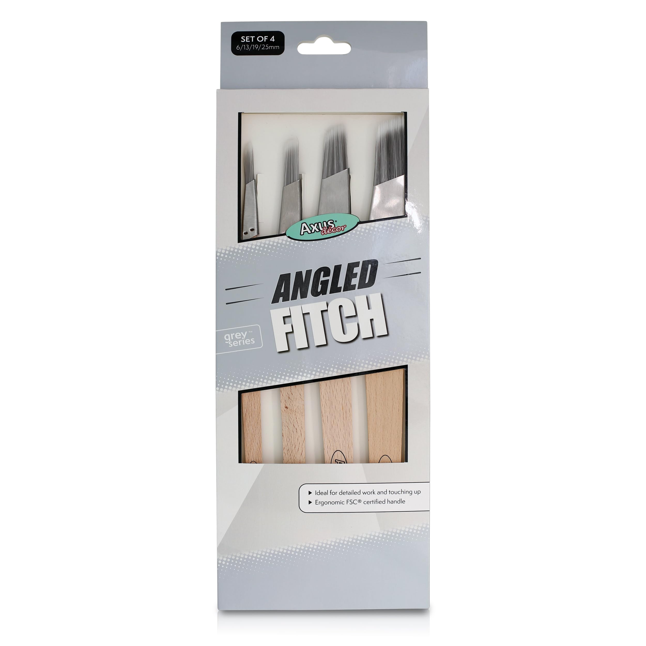 Axus Decor Angled Fitch Paint Brush (Grey Color), Set of 4 sizes - 19mm, 6mm, 13mm, 25mm Filaments, For Detailed Work & Touching Up, Beechwood Handles, Rust-Resistant Stainless Steel