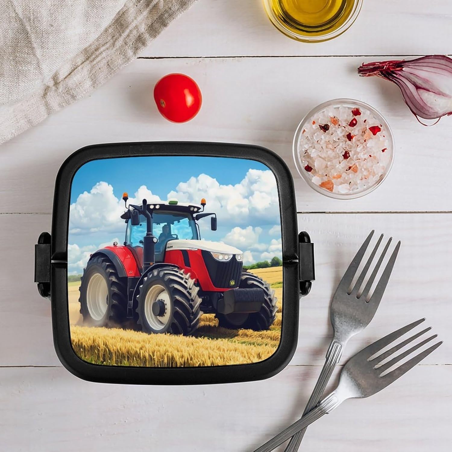 Tractor Printed Bento Box with Spoon 2 Layer Food Container Cute Lunch Box for Travel Dining Work