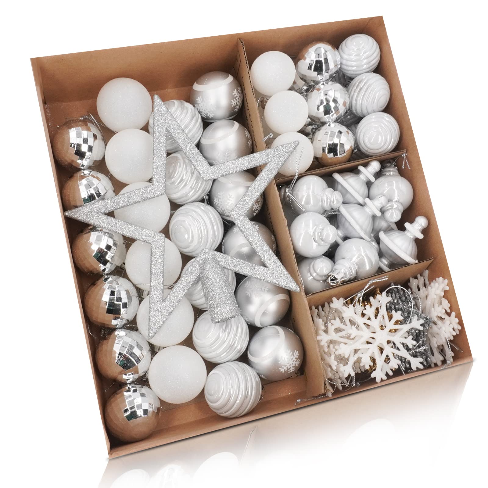 SUMELAY 107 Pcs Christmas Balls Ornaments Set, Silver and White Christmas Tree Decorations, Shatterproof Hanging Ornaments for Xmas Holiday, Christmas Decorations Easy to Use
