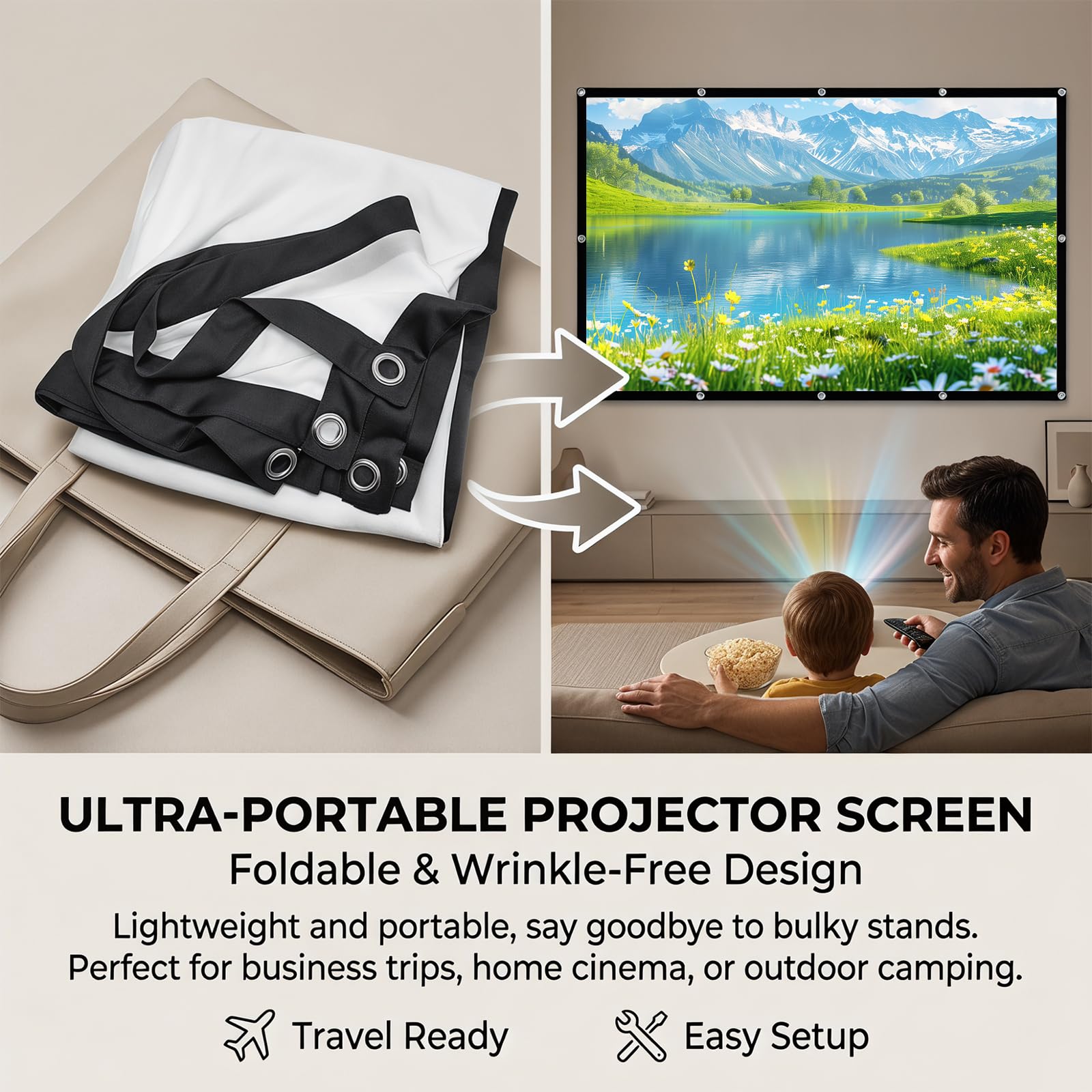 CEWROM Leinwand Beamer 100 Zoll, Projektionsleinwand, 16:9 Hd 4K Faltbar Tragbare Projektionsschirm für Ultimatives Heimkinoerlebnis Waschbar Verdickte Projector Leinwände für Camping Heimkino (100)