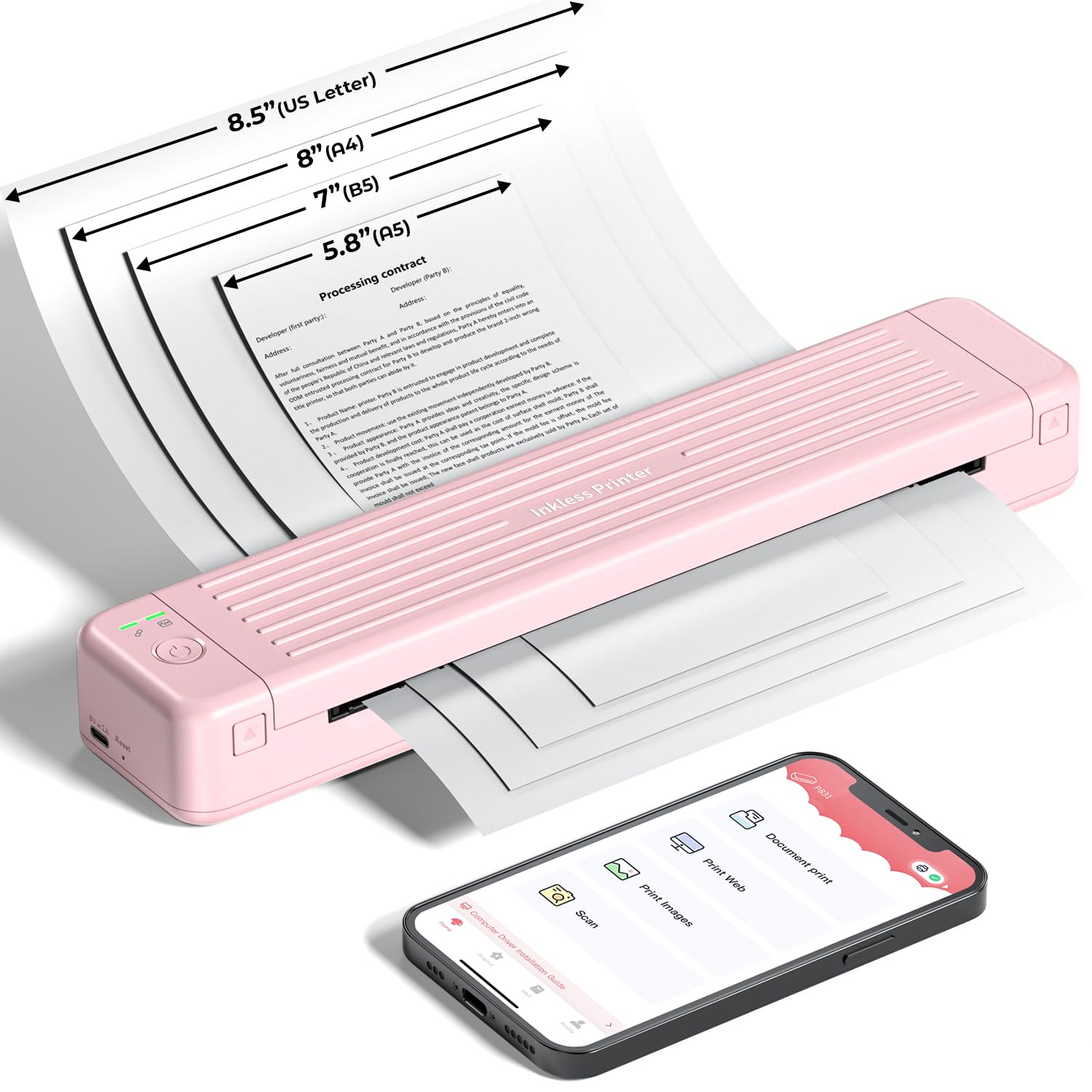 Stampante Portatile A4 P831 Bluetooth Piccola per Viaggio, Senza Inchiostro Carta Termica Rosa