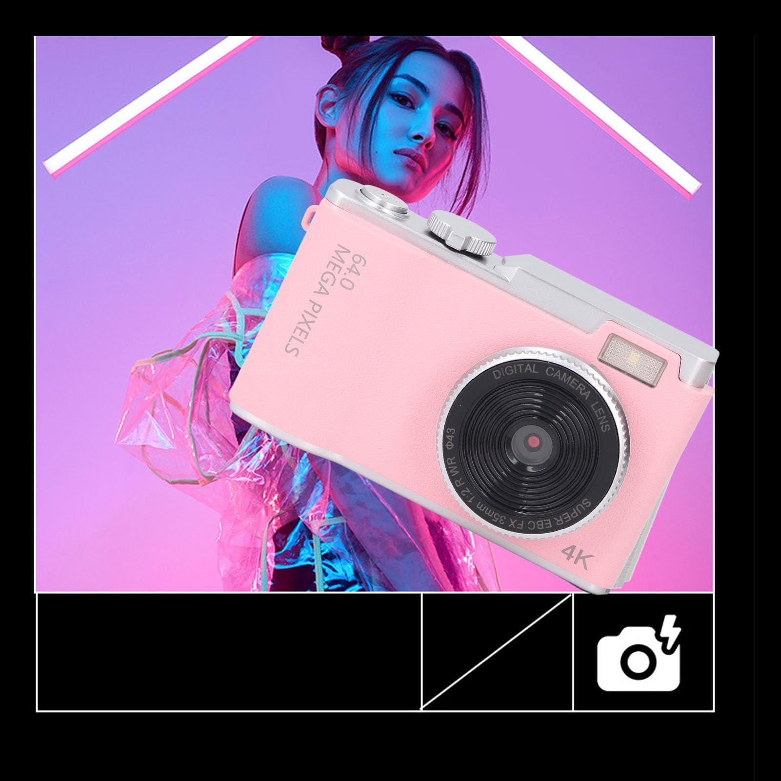 Appareil Photo Numérique 48mp 1080P, Zoom Numérique 16X, écran HD 2.4 Pouces, Double Objectif Avant et Arrière, Point de Charge de Type C, Caméra de Prise de Vue (Pink)