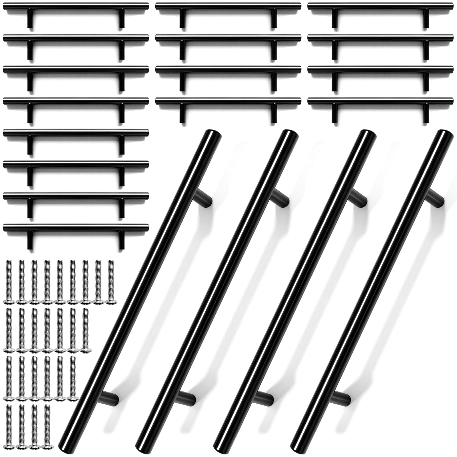 Abaigeal 20 Pack Matt Black Kitchen Cupboard Handles 128mm Hole Center, Stainless Steel T Bar Drawer Cupboard Door Handles 20cm Overall Length for Kitchen, Cabinet Doors, Wardrobe