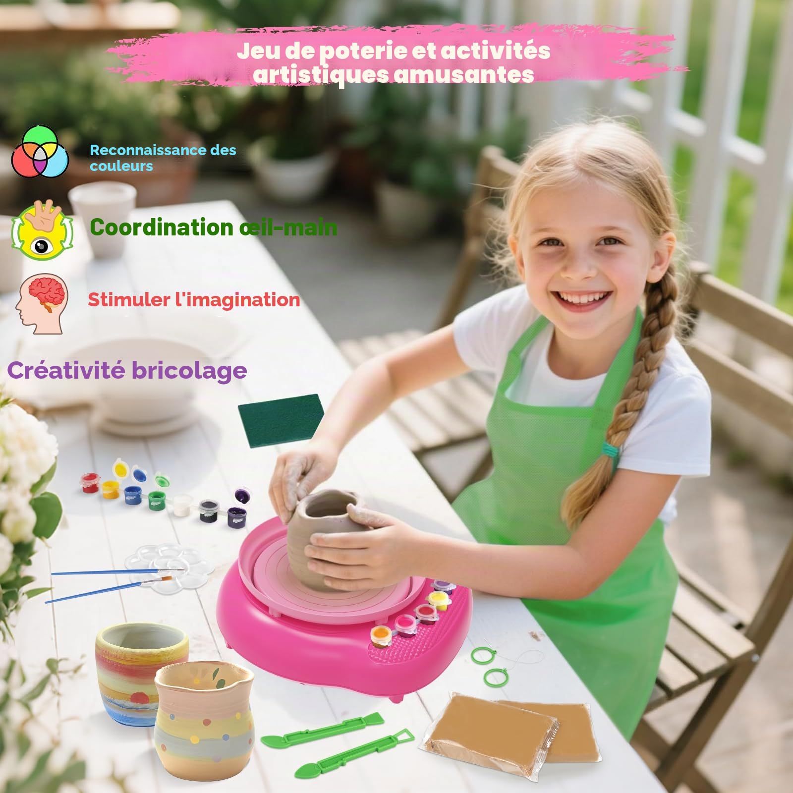 Tour de Potier pour Enfants avec Kit d'Argile-Loisirs Créatifs Enfants 6-12 Ans, Kit de Poterie Complet avec Argile Auto-Durcissante et Outils de Peinture, Cadeau Pâques Noël Anniversaire Garçon Fille