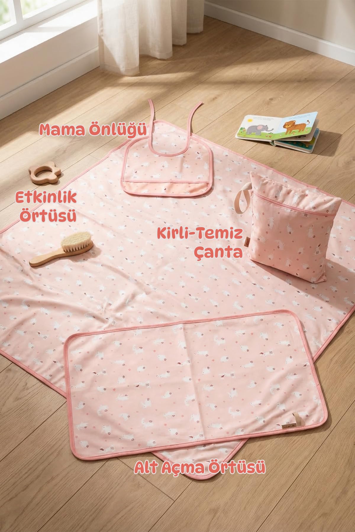 Sıvı Geçirmez 4’lü Bebek Çocuk Alt Açma Etkinlik Örtüsü Çanta Mama Önlük Aktivite Seti Pastel