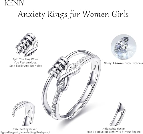 Miniatura 2 de KENIY Anillos de plata de ley 925 para la ansiedad y la ansiedad para mujeres y niñas anillo giratorio abierto ajustable para aliviar el estrés