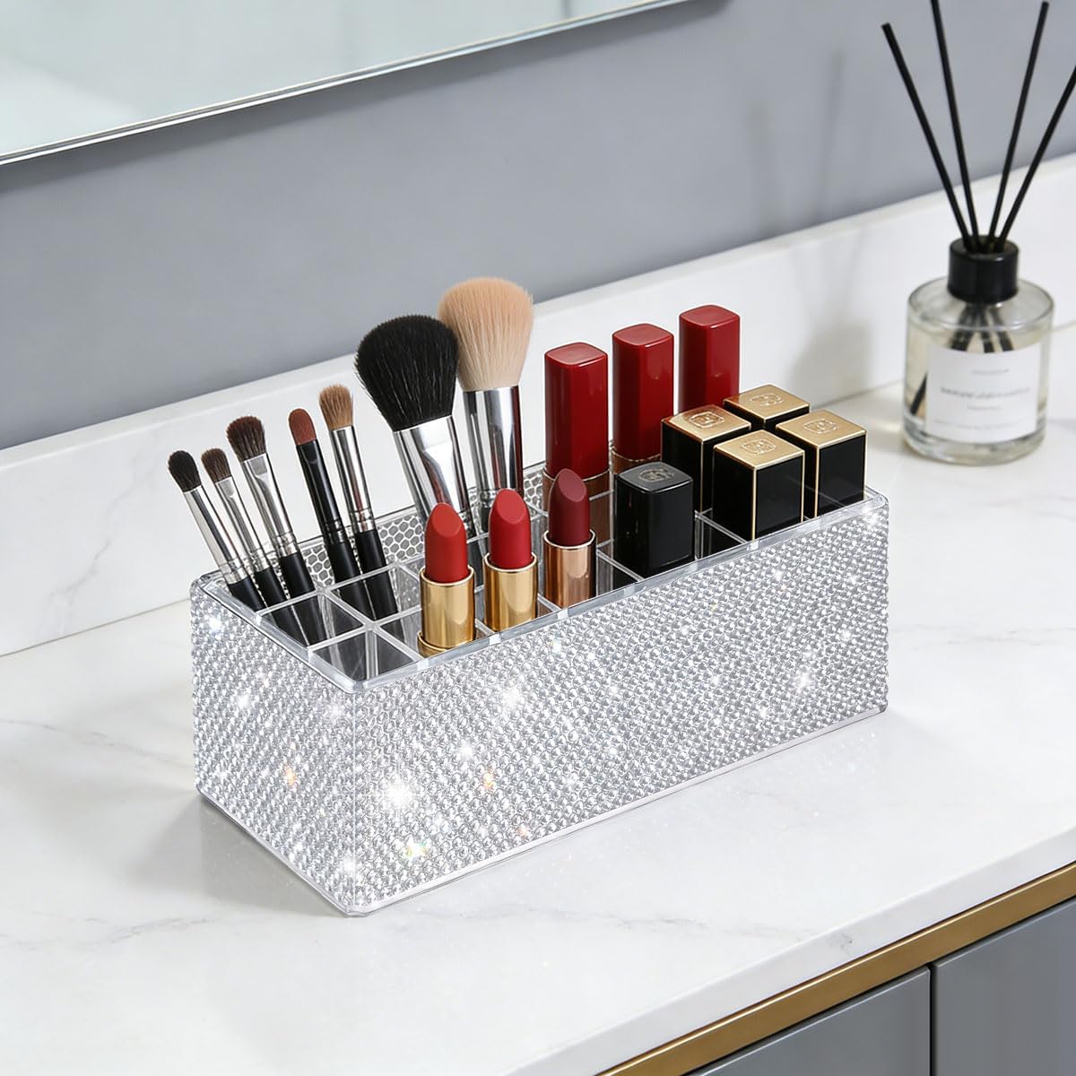 Bling Acrylic Lip Gloss Organizer for Tall Lip Gloss Lipstick Products,Glitter Beauty Makeup Holder 24 Space Organization Container Sparkle Storage Display Case