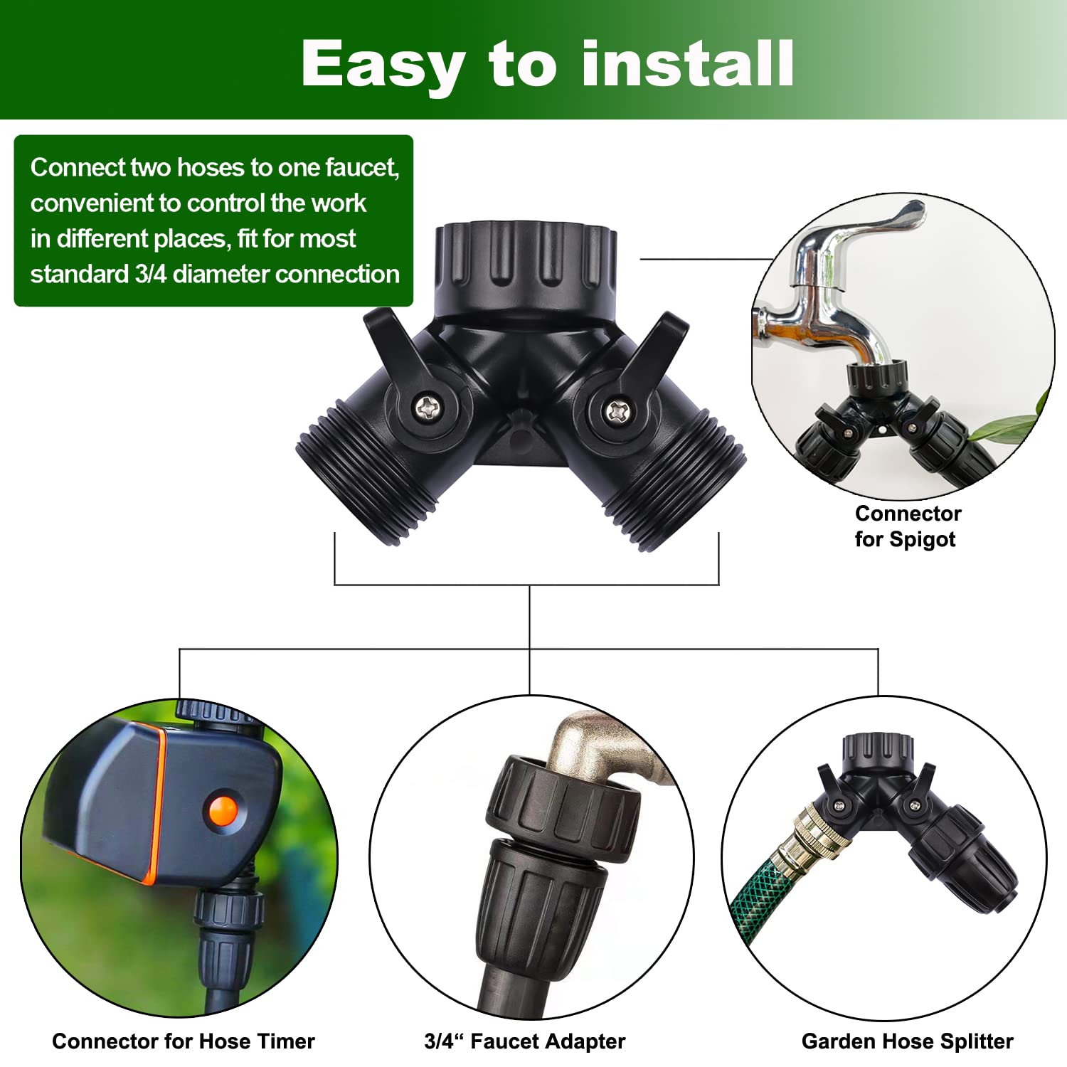 Grifo de jardín de riego por goteo Conector divisor de adaptador en Y de 2 vías, 34 pulgadas FHT x 34 pulgadas MHT, válvulas de encendidoapagado, grifo de 34 pulgadas a adaptadores de