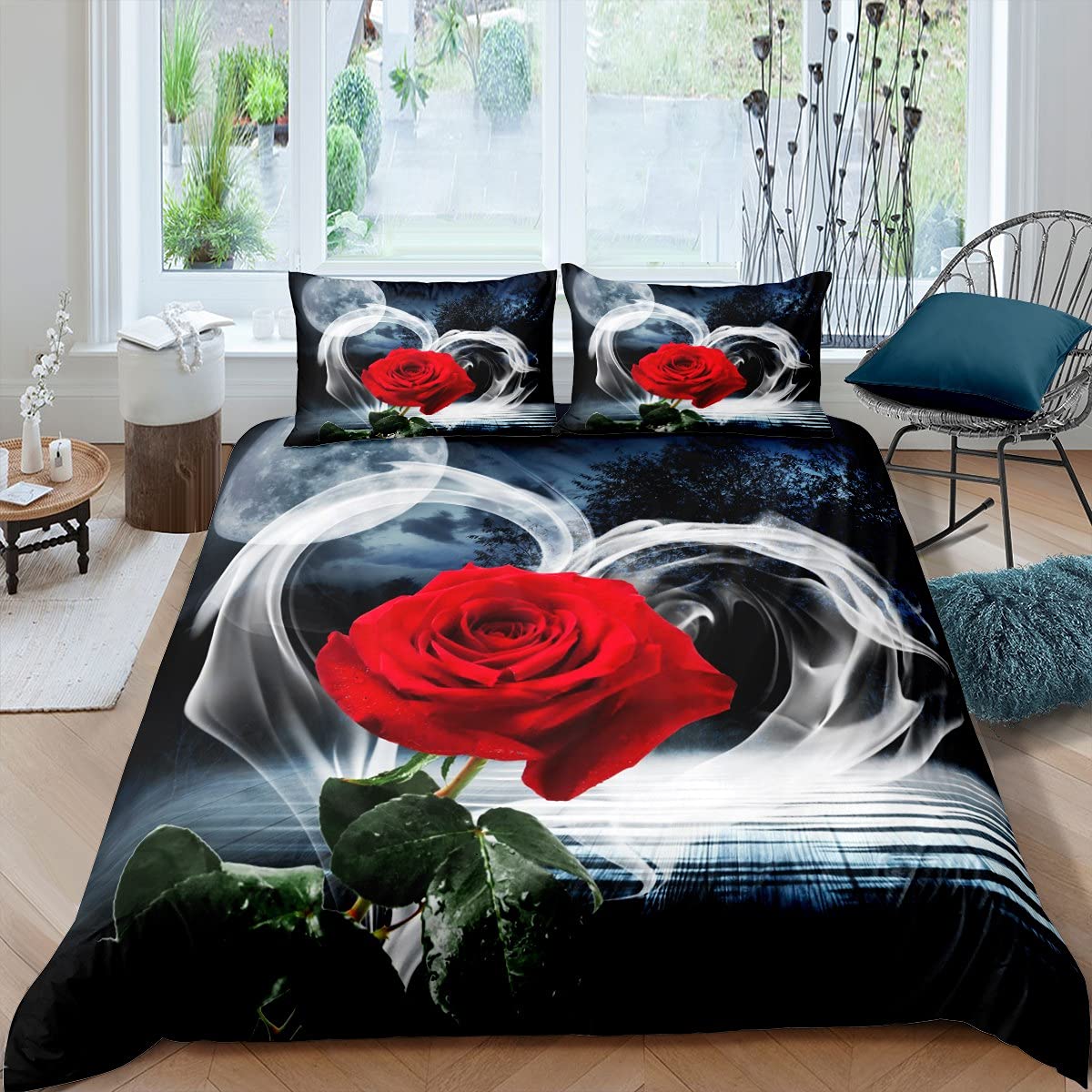 3D Rose Bedding Set Rose Floral Print Comforter Cover Romantic Flowers Duvet Cover for Children Kids Boys Girls Moon Trees Microfiber Bedding & Linen Nature Super King — image 1