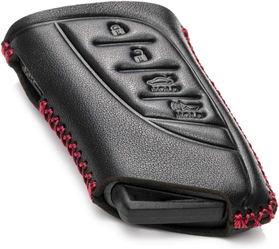 Vitodeco Genuine Leather Smart Key Fob Case with Leather Key Strap Suitable for 2018-2021 Lexus is 350, LS 500, LS 500H, UX 200, UX 250H, LC 500, LC 500H, ES 350, ES 300H (4-Button, Black/Red)