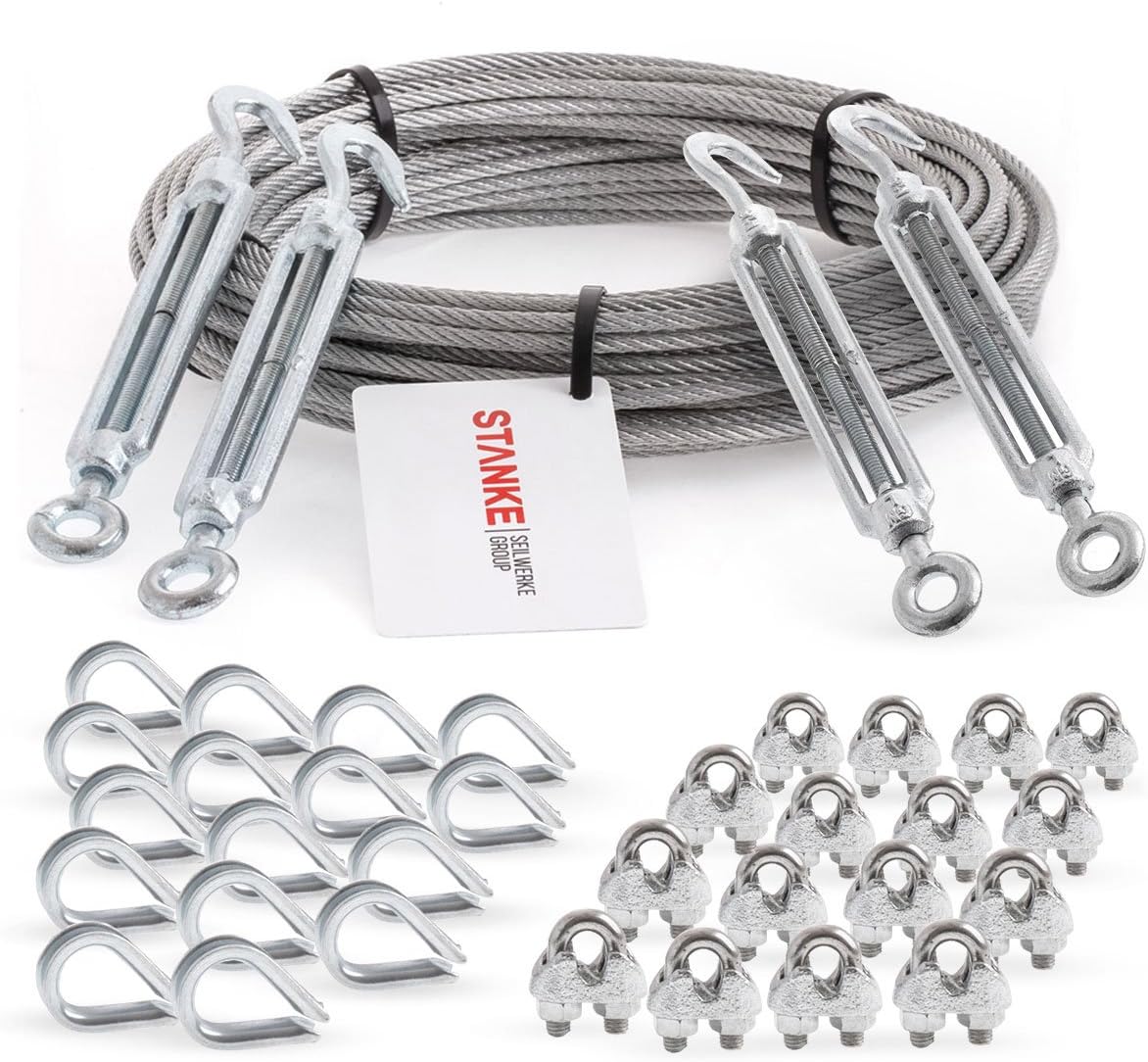 Stanke cable system, climbing support, galvanised steel wire rope, 3 mm 6x7, 4x tension lock M5 hook + loop, 16x cable, 16x bracket form clamp, set 6