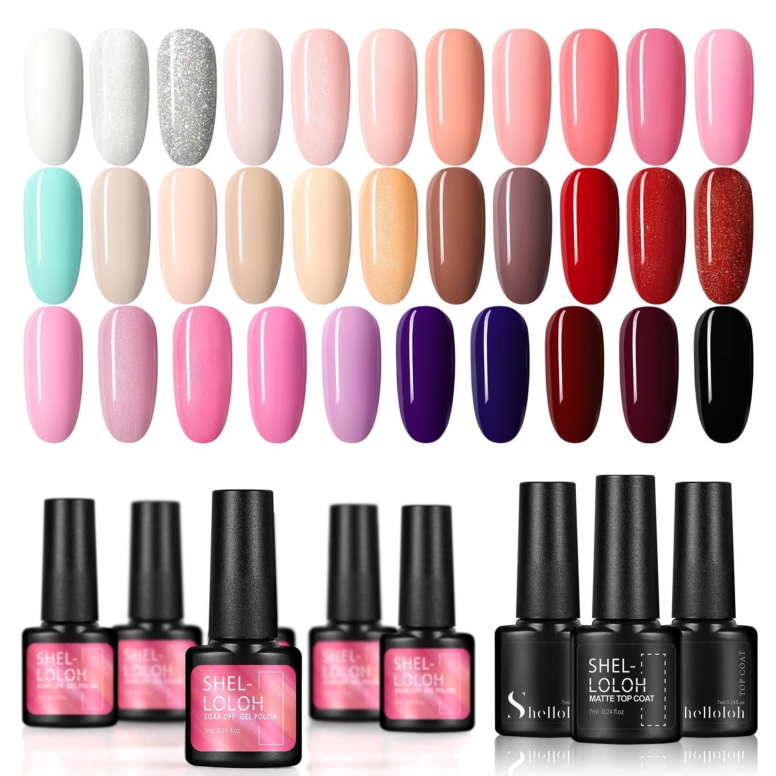 Shelloloh 32 Colours Gel Nail Polish Set, Glossy/Matte Top and Base Coat Gel Nail Polish White Pink Nude Glitter Gel Nail Polish Autumn Colour Collection Gift for Girls Women