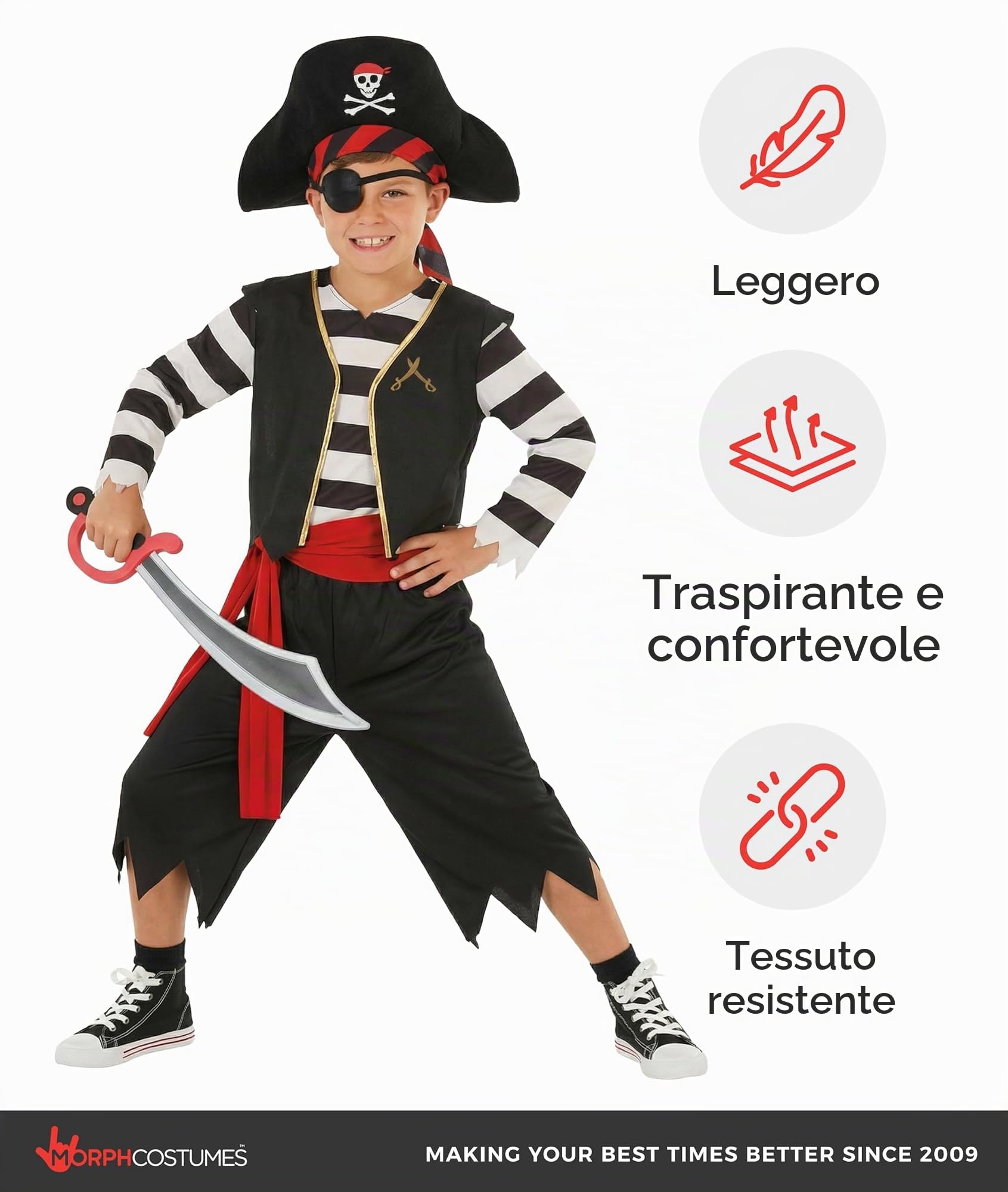 Morph Costume Pirata Bambino, Costume Pirata Halloween Bambino | Maglia con Gilet, Pantaloni, Cappello, Benda & Spada, Perfetto per Halloween, Ideale per il Gioco di Ruolo