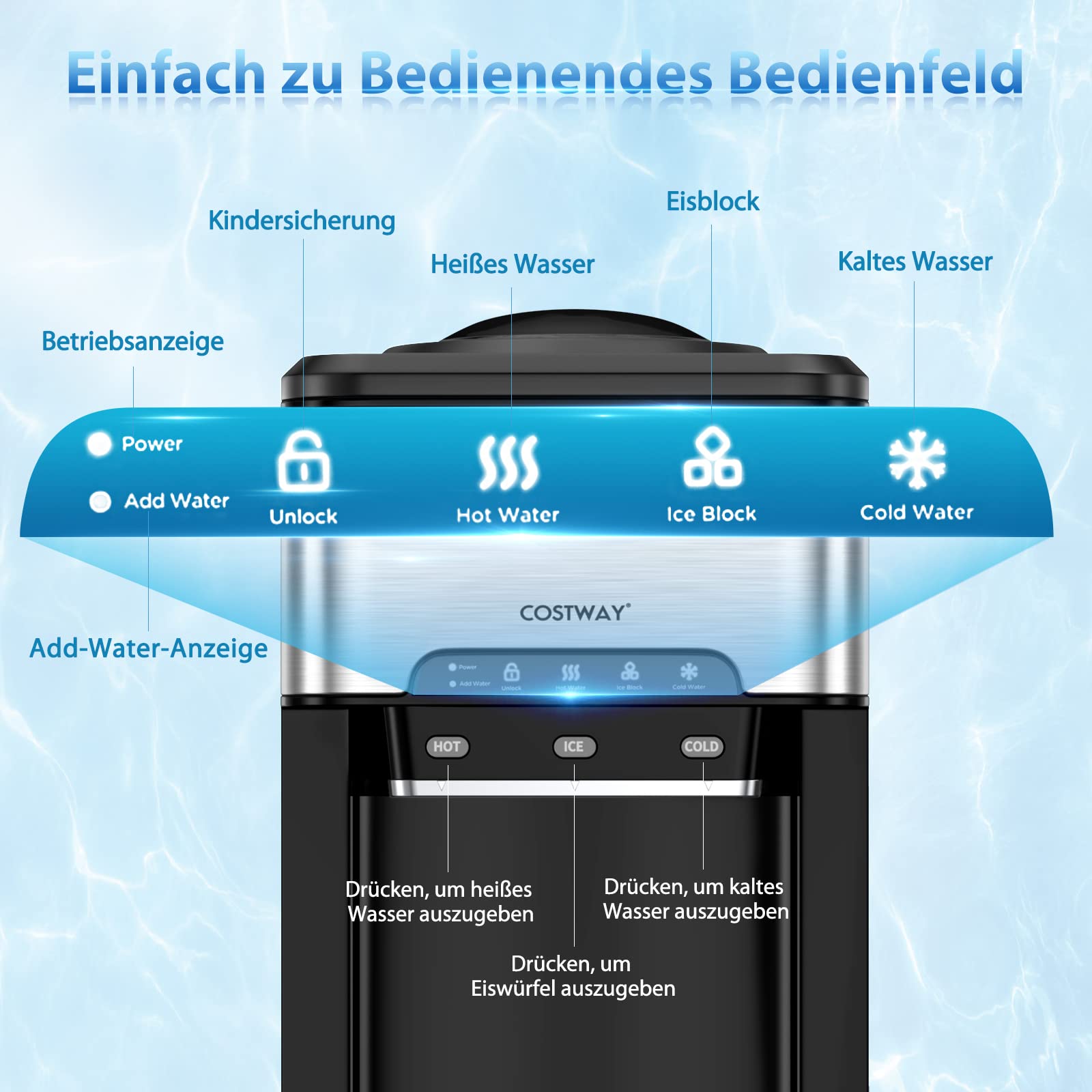 COSTWAY 3 in 1 Wasserspender Eiswürfelmaschine mit heißes/kaltes Wasser, Eiswürfel in 10min, Eismaschine 3L Wassertank, Eiswürfelbereiter 19kg/Tag für Zuhause, Büro