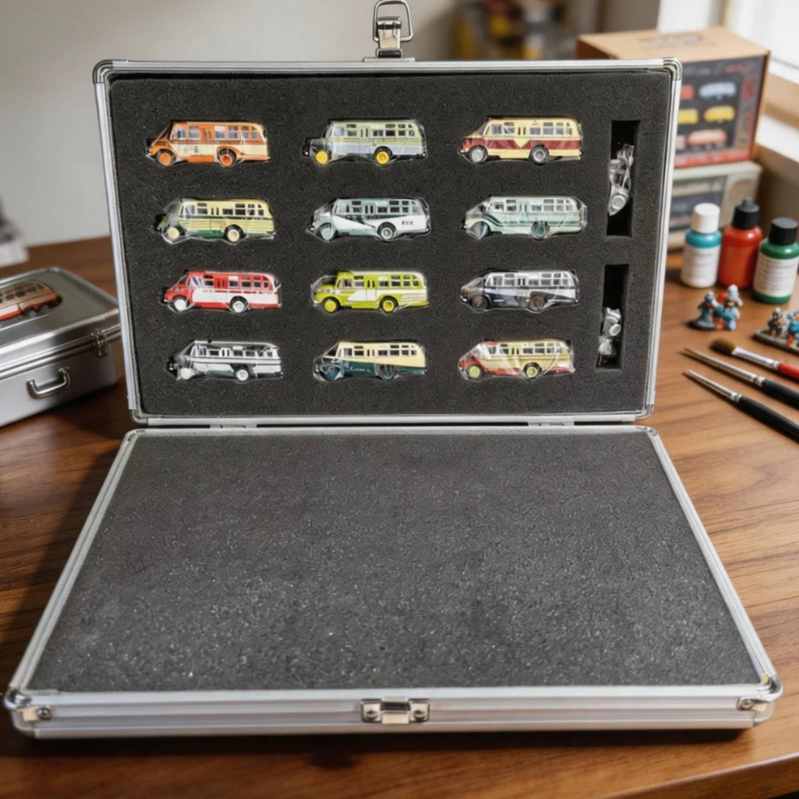 Milageto 12 Pezzi Modello Autobus in Lega Collezionabile Veicolo in Miniatura Diecast con Custodia in Alluminio Imbottita Adatto per Esposizione Scaffale Ufficio Collezione