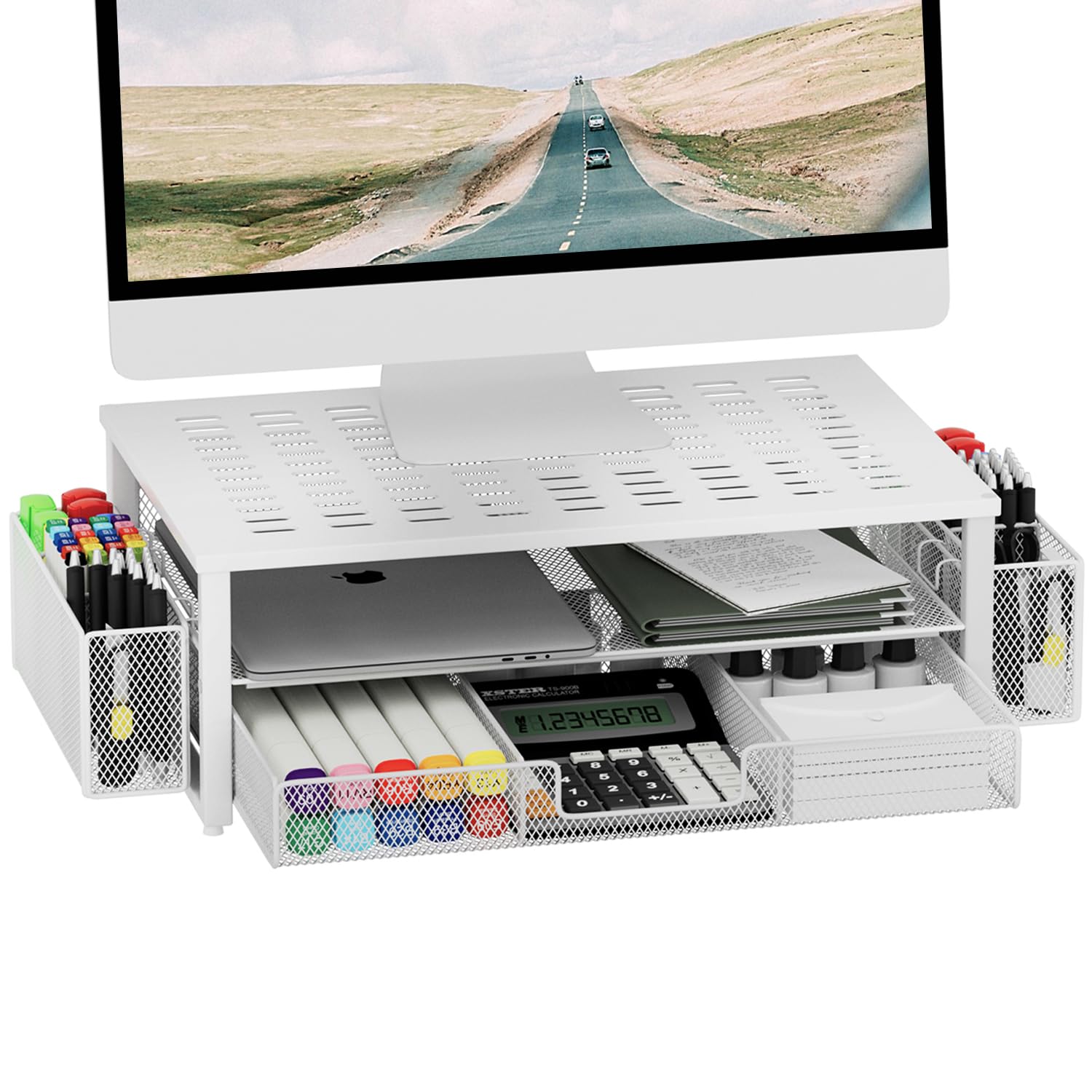 gianotter Monitor Stand Riser, Desk Organizer with Drawer and Pen Holder, 2-Tier Computer Stand, Desk Accessories & Workspace Organizers(White)