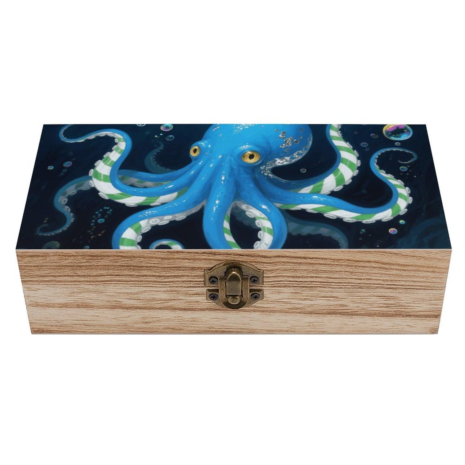 FodPand Decorative Keepsake Box Wooden Storage Boxes with Hinged Lid Handmade Blue Octopus Wood Organizer Memory Treasure Box for Jewelry Craft Card Photo Storage Wedding Bridal Shower Gifts