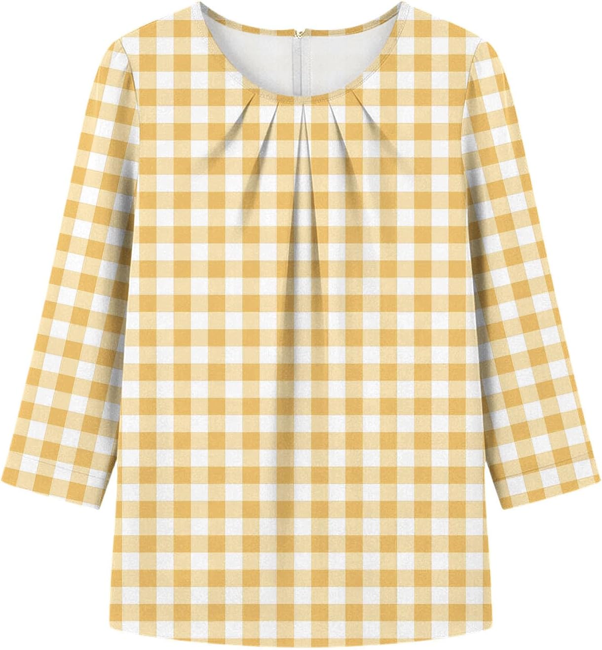 Plaid Printed T Shirts for Women Casual 3/4 Sleeve Tunic Tops | Crew Neck Pleated Loose Fit Breathable Fashion Tees Comfy Lightweight Plus Size Travel Vacation Blouses