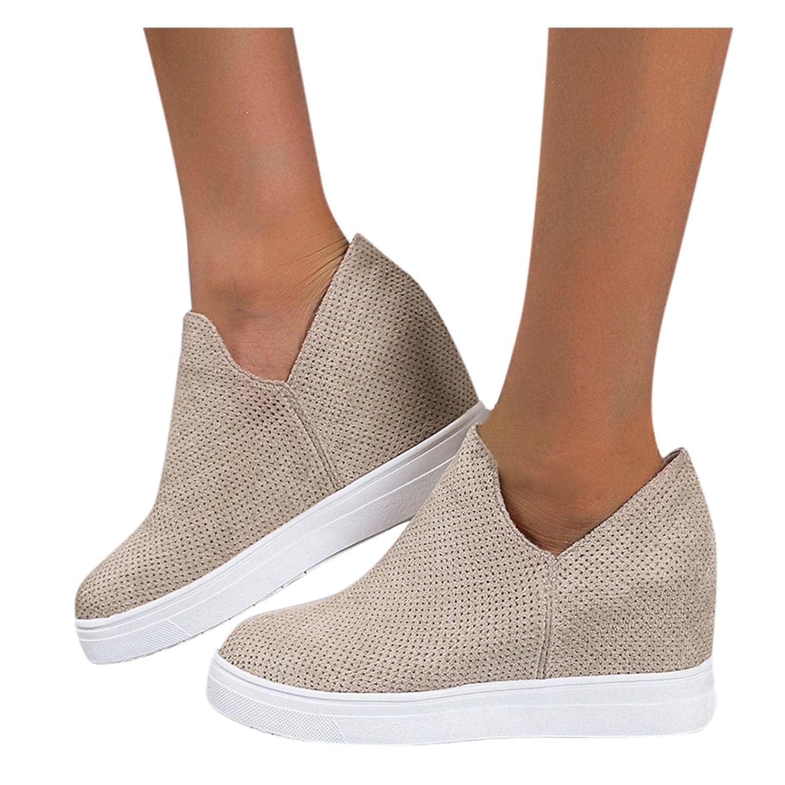 Hbeylia Platform Fashion Sneakers For Women Ladies Fashion Casual V Cut Chunky Bottom Flats Slip On Loafers Breathable Anti Skid Thick Mid Heels Low