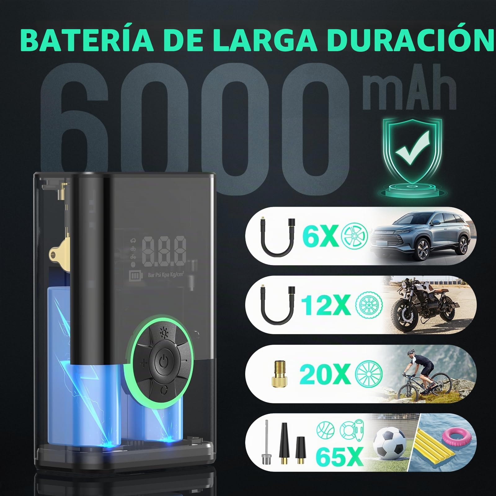 6000Mah Compresor Aire Portatil, 150PSI Inflador Ruedas Coche Mini Bomba de Aire Bicicleta Electrica con Pantalla LCD Digital y Linterna LED，con 4 Boquillas para Coches, Motos