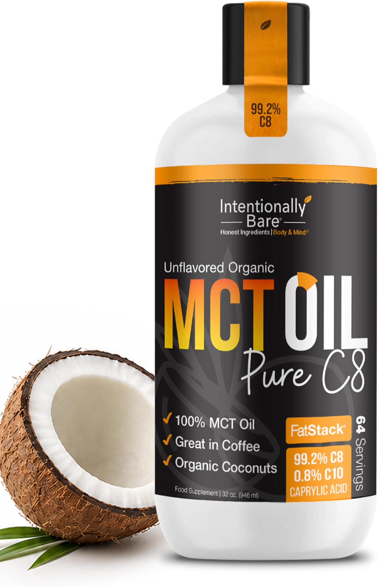 Intentionally Bare Pure C8 MCT Oil Organic - Brain Octane C8 MCT Oil for Keto Paleo & Vegan Diet - Unflavored MCT Oil C8 for Bulletproof Coffee Shakes & Salads - 100% Pure MCT Oil 32 oz
