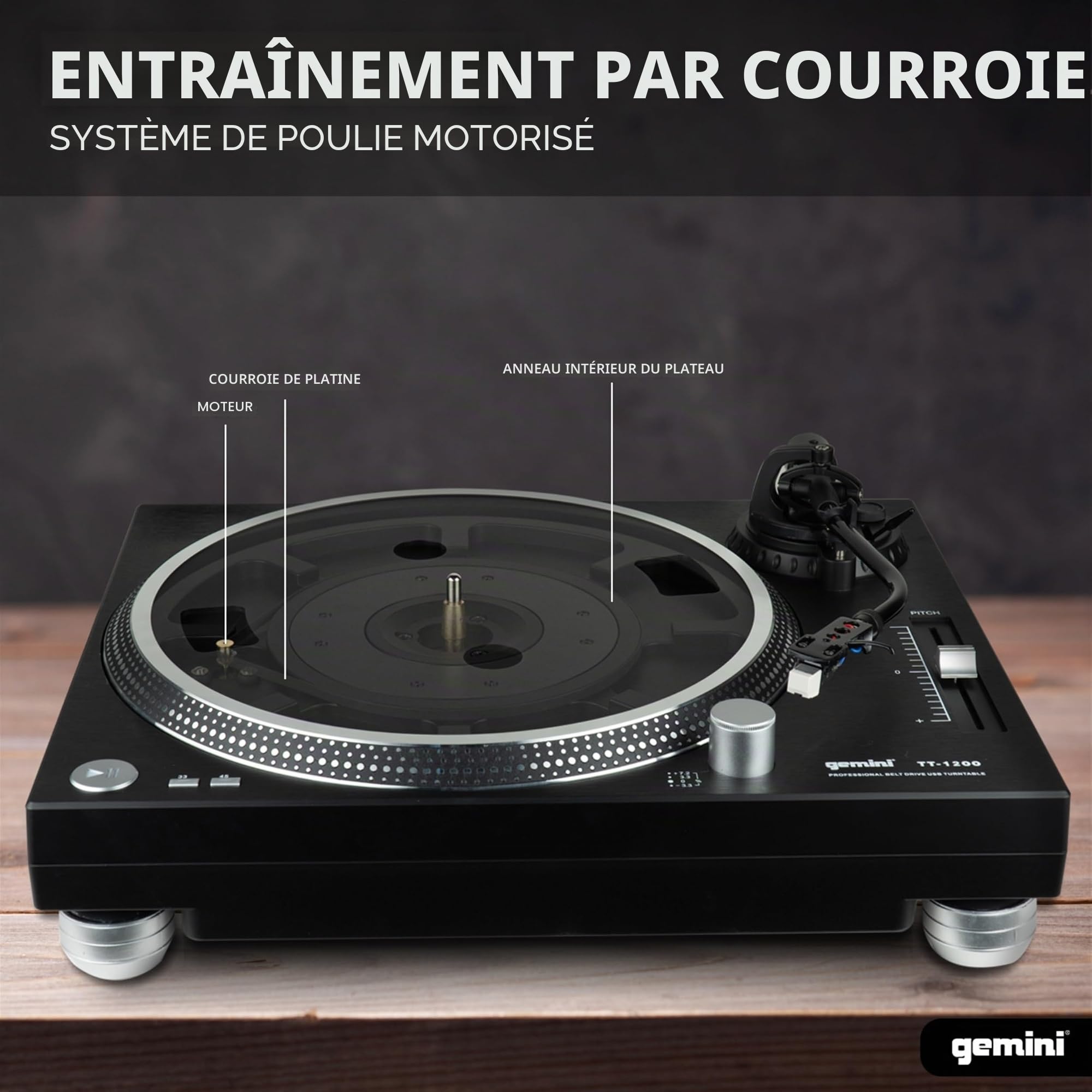 Gemini Sound TT-1200 – Platine vinyle à entraînement par courroie à 2 vitesses, Platine DJ pour installation stéréo personnelle avec interface USB et logiciel Audacity fourni