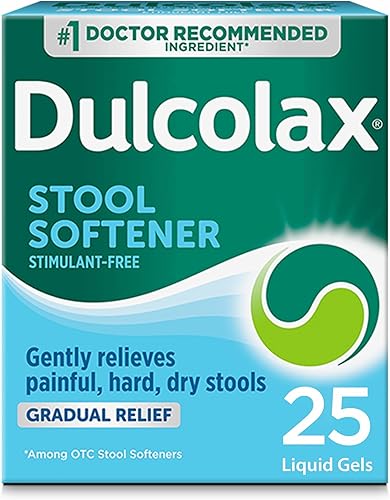Dulcolax Cápsulas de gel líquido laxante para suavizante de heces (25 ct) para un alivio suave, Docusate Sodium 100mg