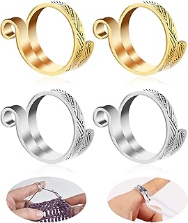 4 Pack Knitting Crochet Loop Ring Adjustable Knitting Loop Crochet Loop Rings Metal Yarn Guide Finger Holders Knitting Thimbles for Crochet Knitting Craft Accessories Tools, Gold & Silver