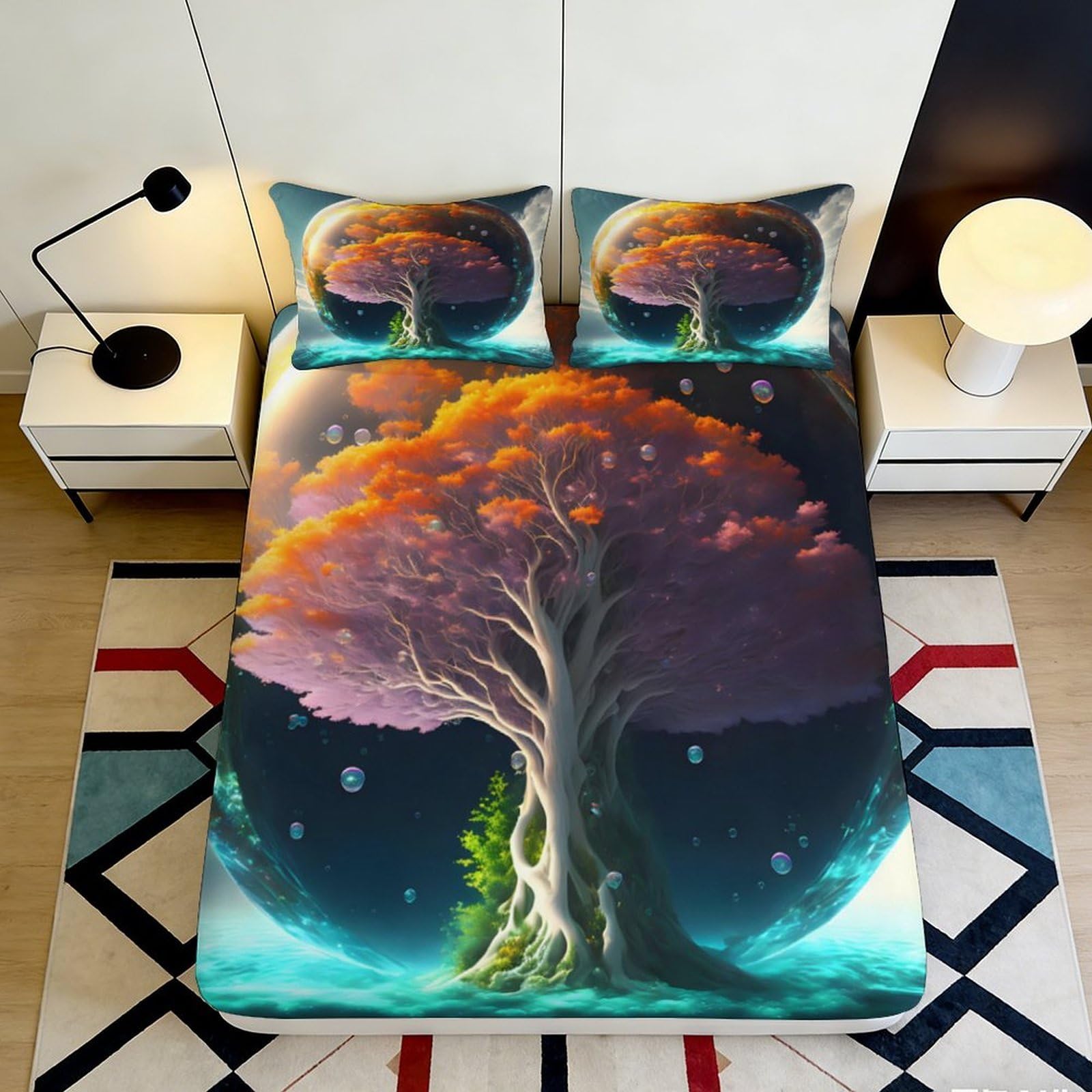 Uxinyoume Style-3 3D Printed Fantasy Tree Fitted Sheet Microfiber Soft Breathable Dreamy Night Mattress Cover Bedroom Decor 90X200x25cm