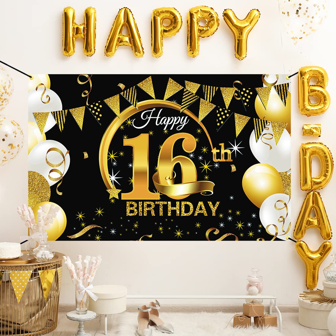 HOWAF Striscione Ragazza 16 Compleanno Decorazione Oro Rosa, Tessuto Sfondo Striscione per Ragazza 16 Anni Compleanno Decorazione Addobbi Interno Esterno Parete