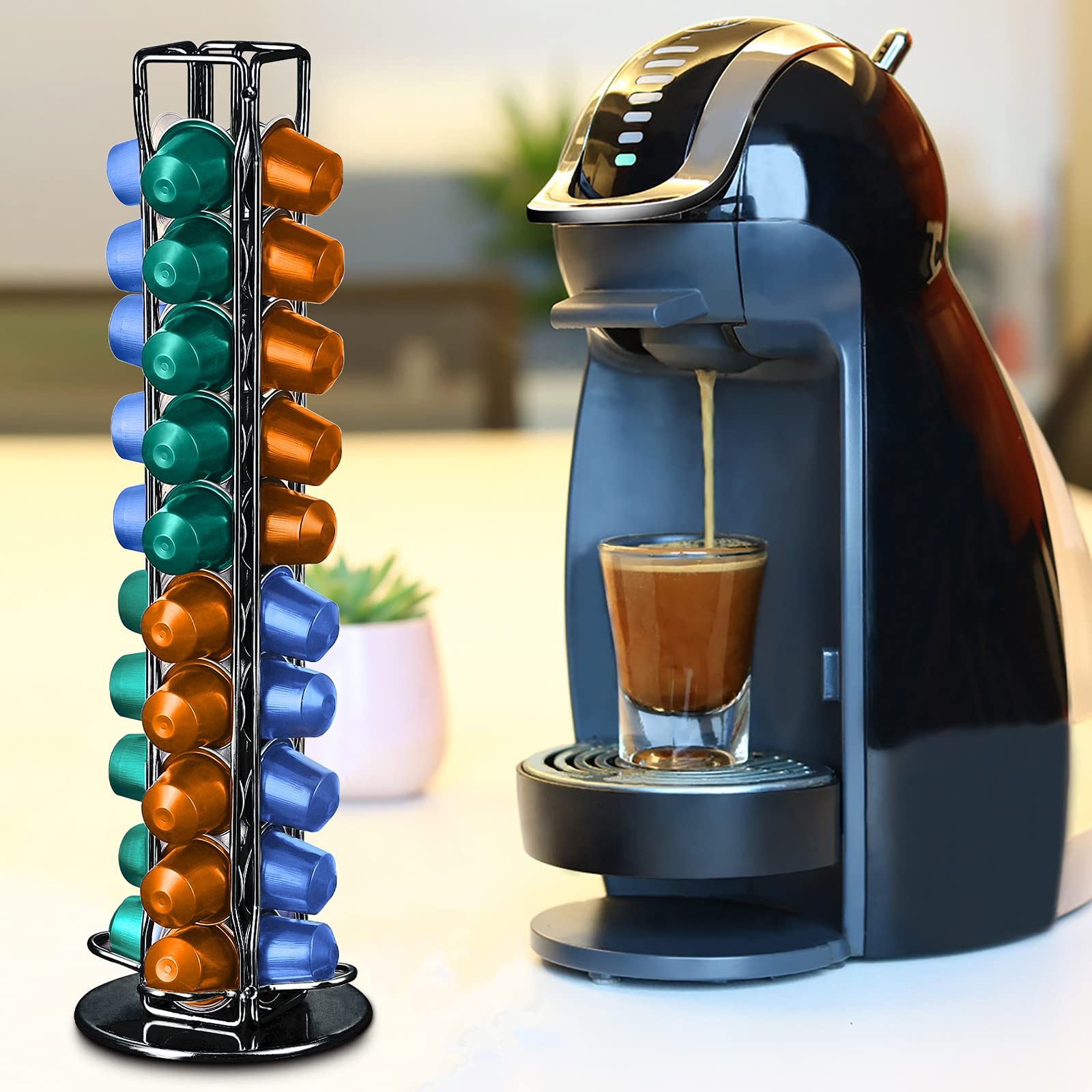 Frasheng Soportes para Cápsulas de Café,Puede Contener 40 cápsulas,360 Grados Giratorio,La base de fieltro y antiarañazos protege,Hecho de metal,Negro