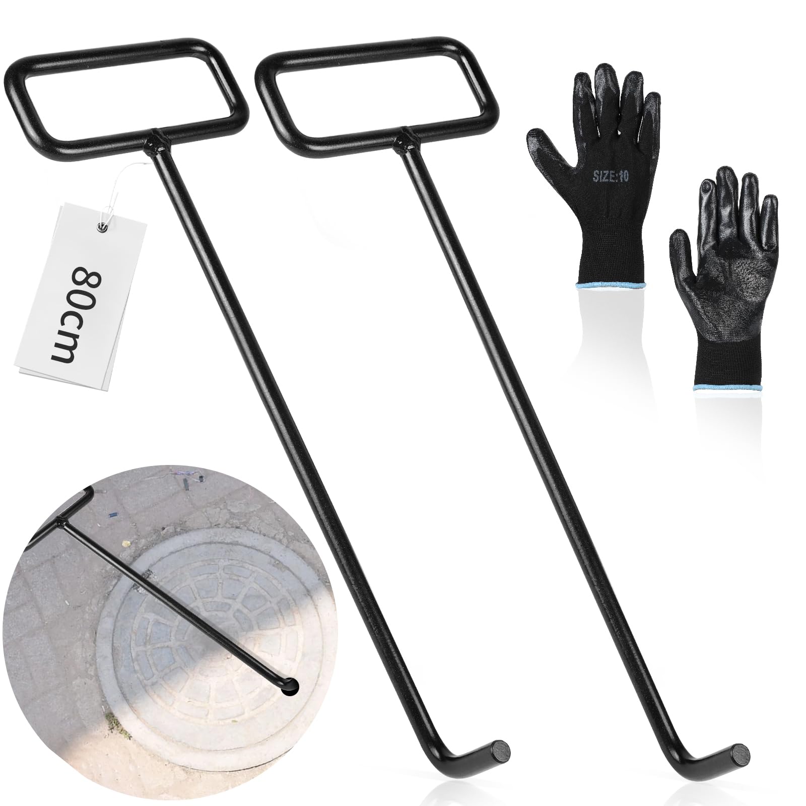 DBREAKS 2 Stück Kanaldeckelheber 80cm, Schachthaken mit Handschuhen Geliefert, Schachtdeckelheber Kohlenstoffstahl, Gullideckel Haken, Kanaldeckelheber Haken für Schachtabdeckung, Kanaldeckel