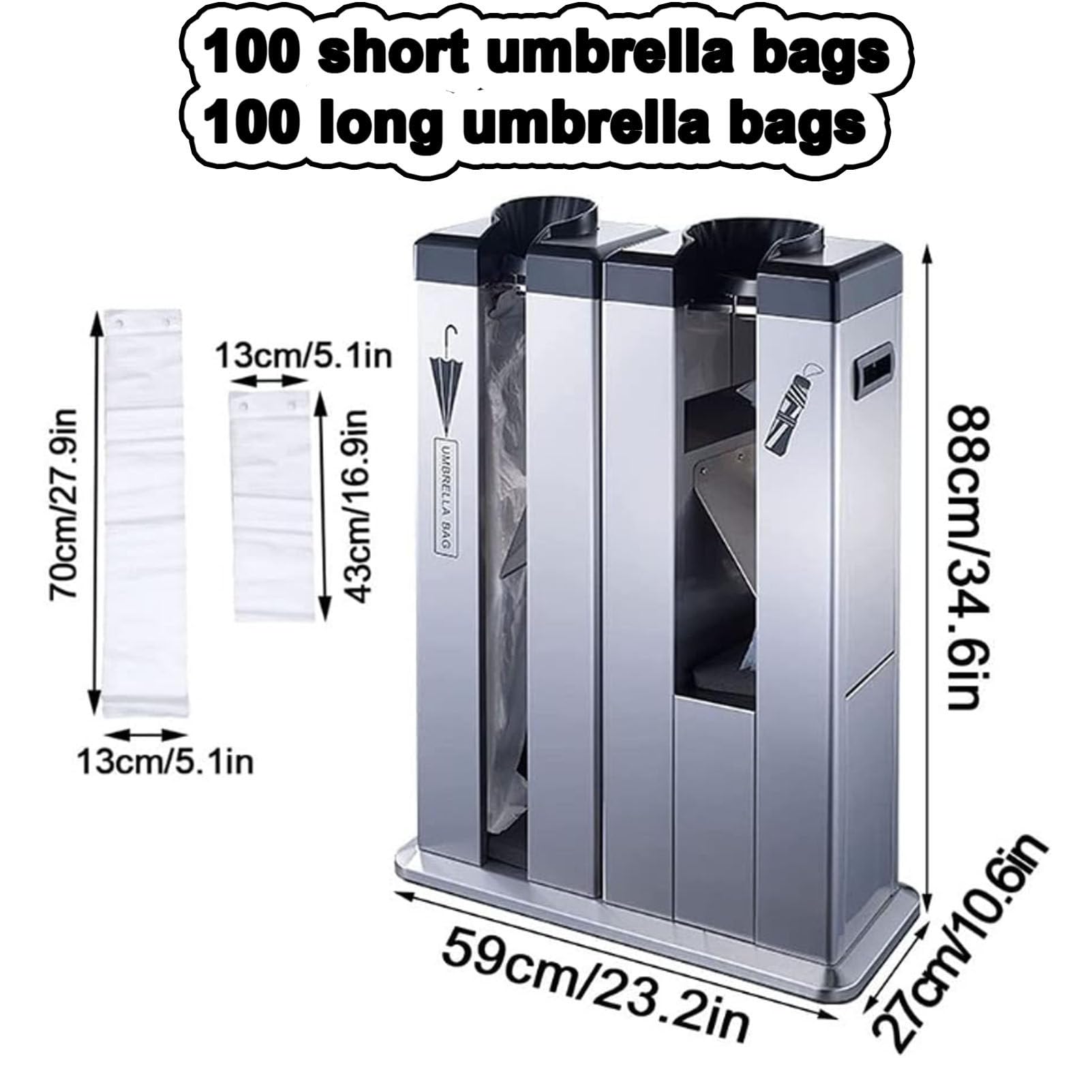 Macchina avvolgitrice automatica per ombrelli bagnati commerciali con dispenser a doppia fessura, include borse per ingressi ad alto traffico come hotel e banche