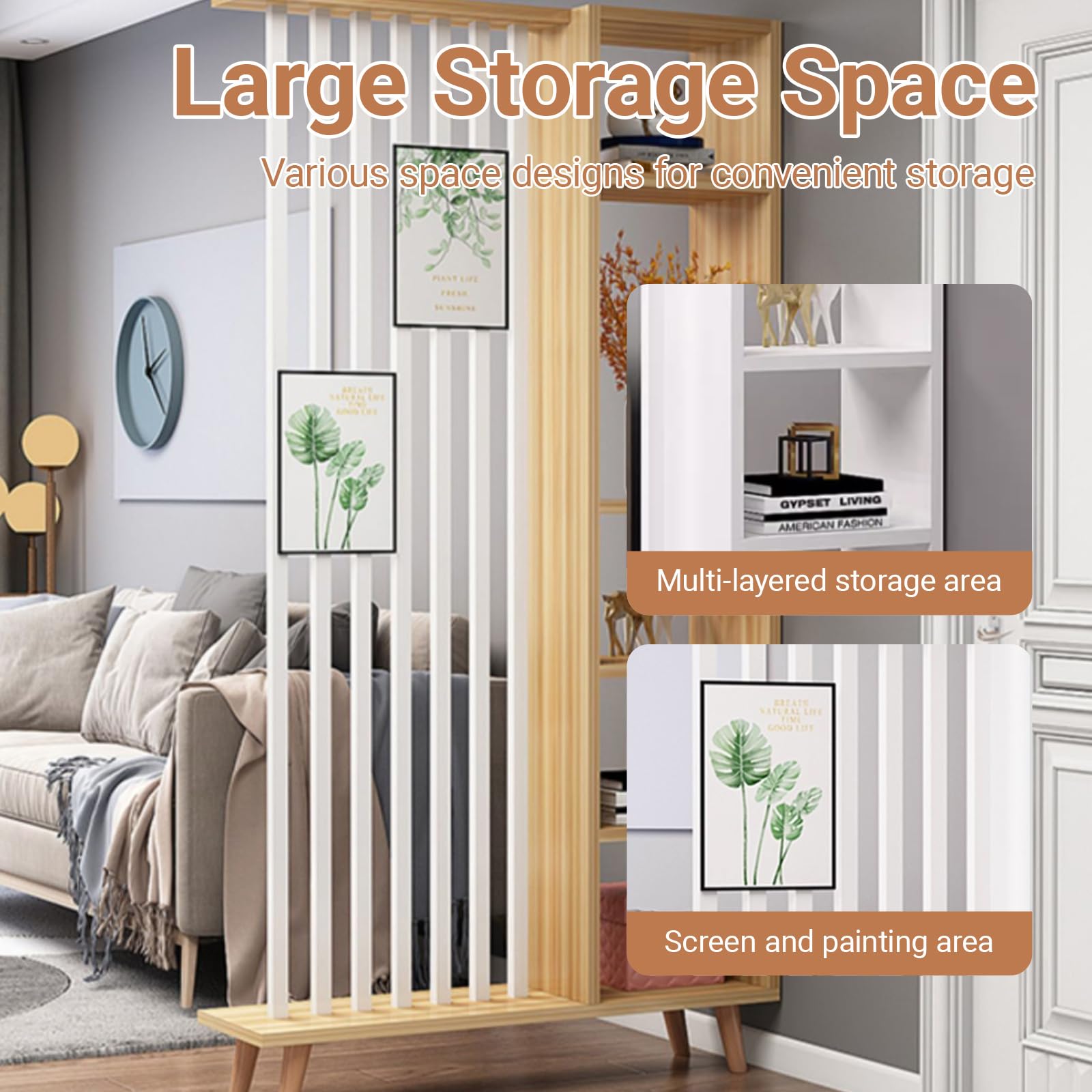 Divisorio per ambienti in legno da ingresso con gambe in legno di faggio | Libreria Moderna da Interno per Esposizione e Contenimento, Divisorio per Ambienti Versatile(Black+White,80cm/31.5in)